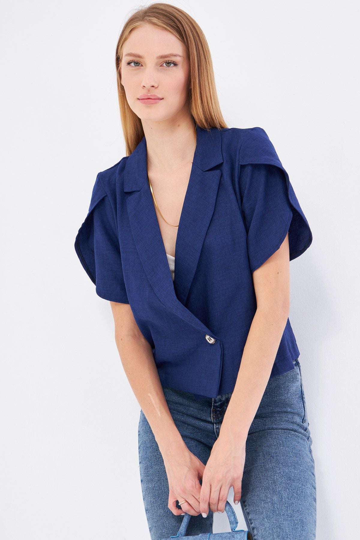 Women's Navy Blue Slip Detail Crop Short Sleeve Jacket ARM-24Y001048