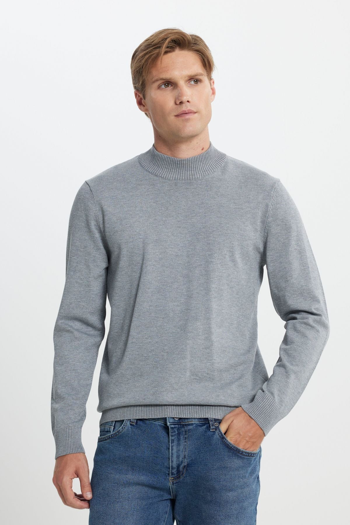 Men's gray melange standard fit normal cut half fisherman collar knitwear sweater