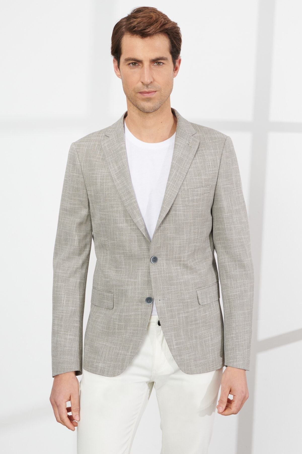 Men's Beige Slim Fit Narrow Cut Mono Yaka Amest Jacket