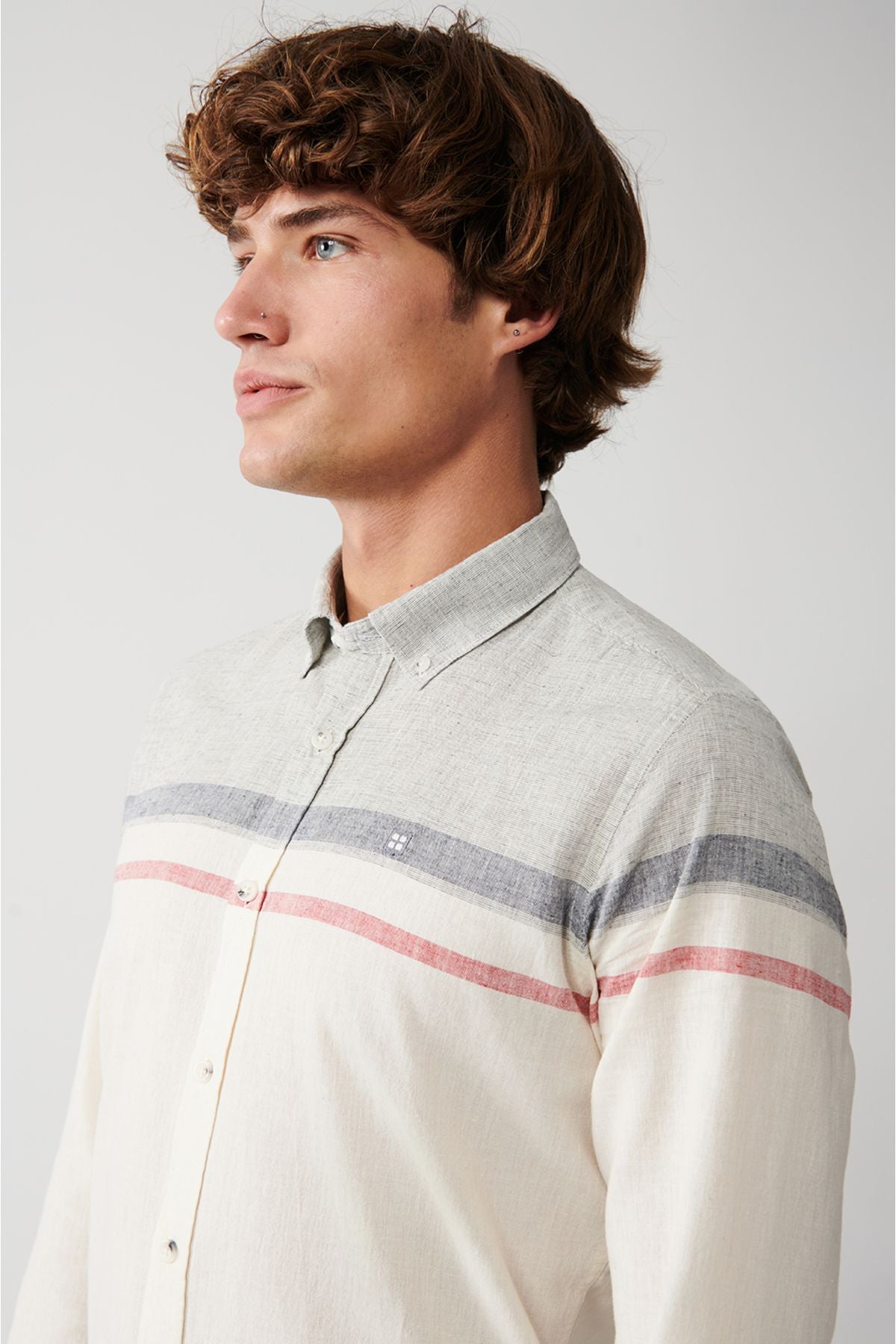 Men's white cotton linen mixed striped shirt A31y2269