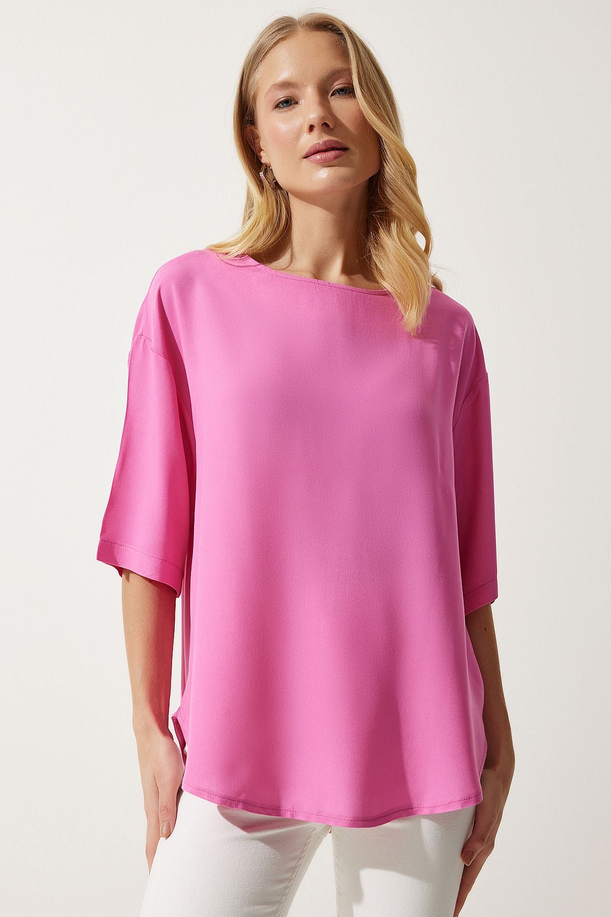 Female pink bike collar draped viscose blouse RC00152
