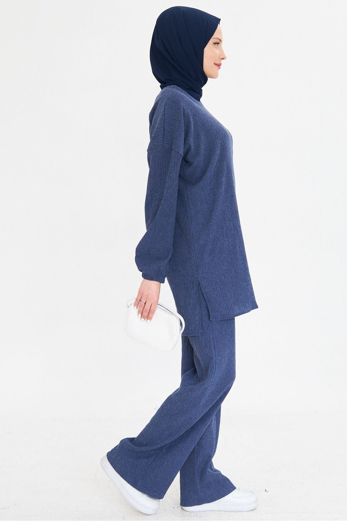 Woman Navy blue zero collar sleeve tire as well as slit pants hijab double set ARM-25K001109
