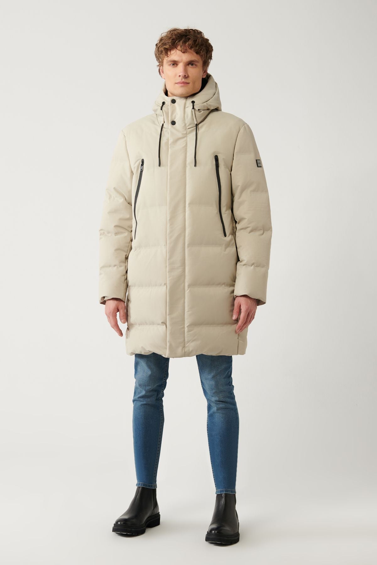 Men's Beige Hooded Goose Feathery Water Driving Long Coat Coat A32Y6047