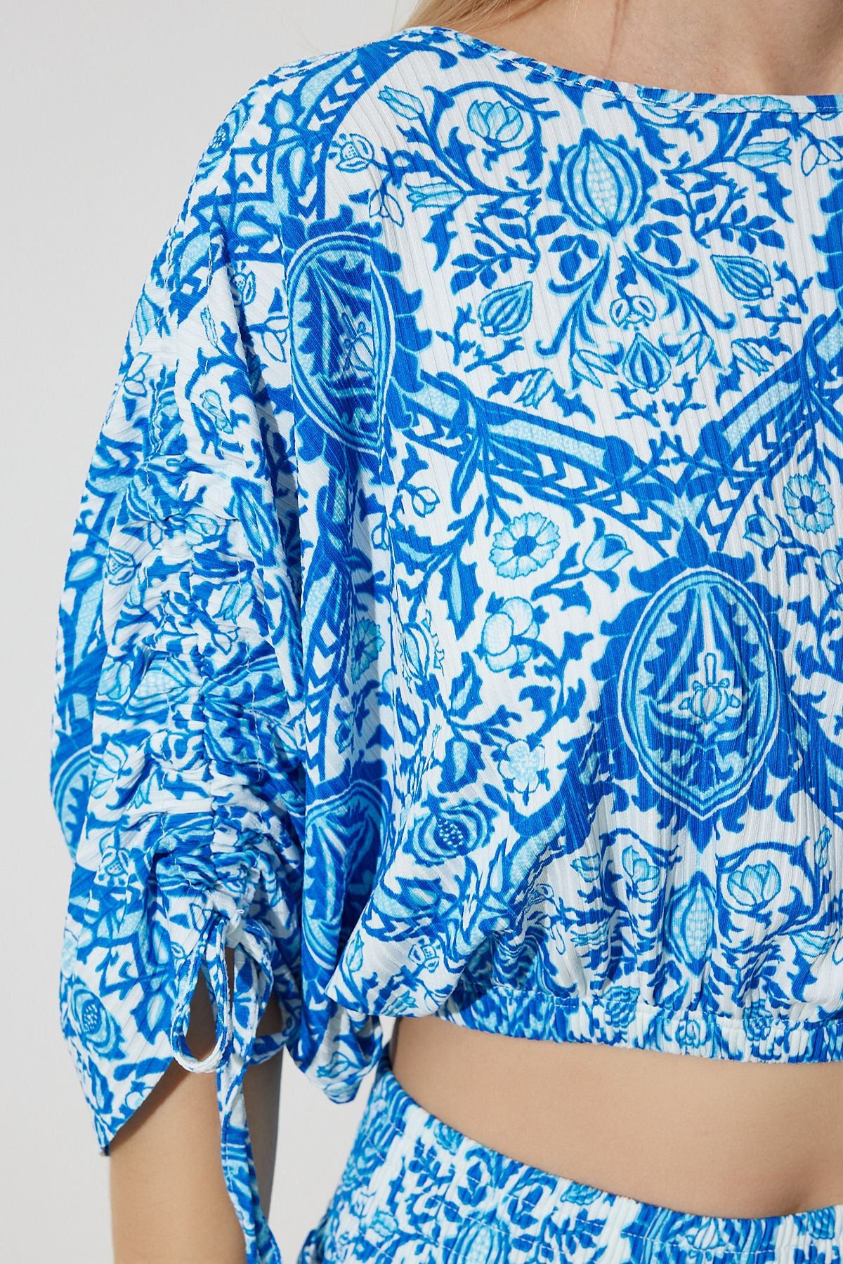 Women's Blue White Patterned Blouse Palazzo Knitting Set MC00264
