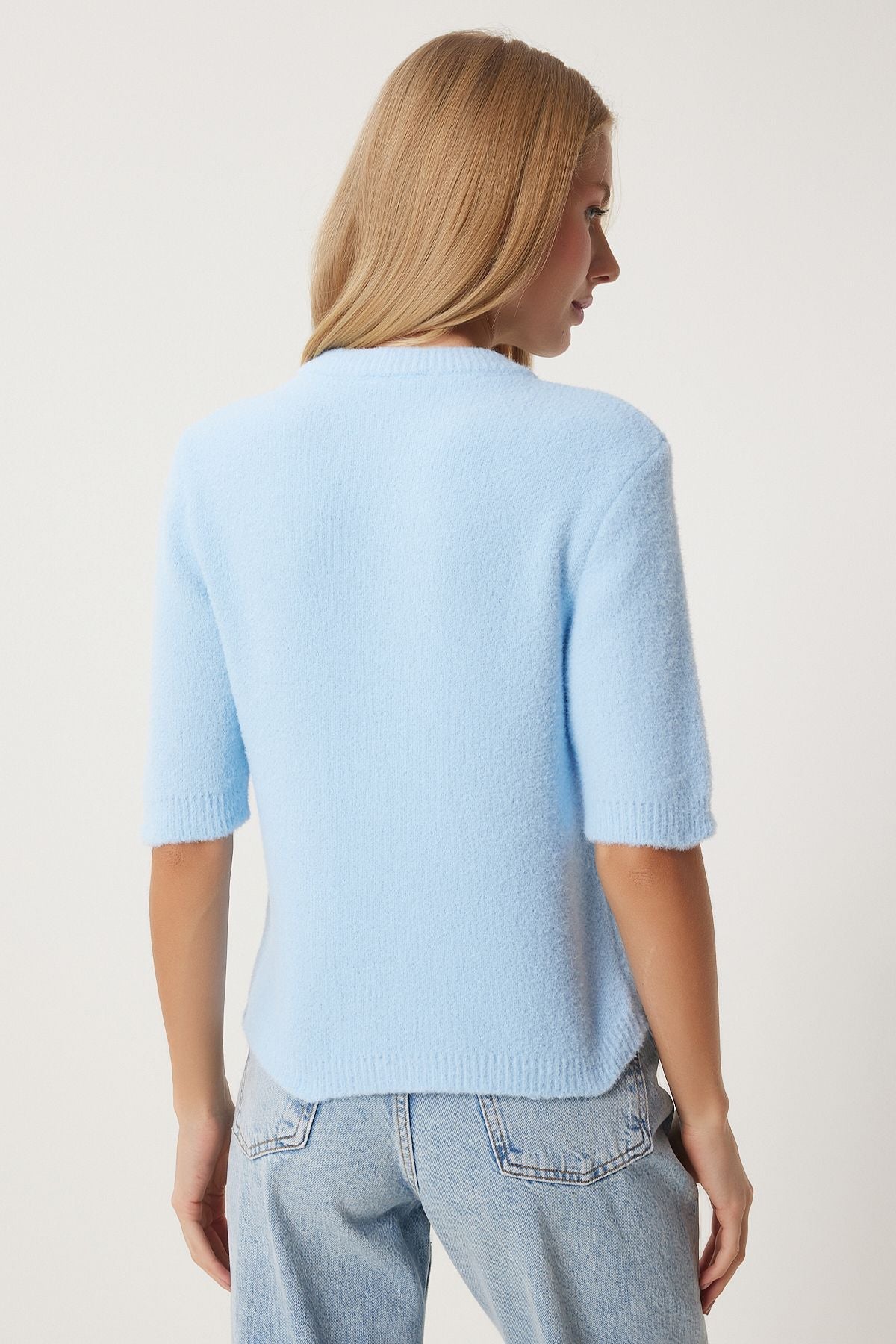 Woman Sky Blue Stylish Bow Button Triko Cardigo DP00219