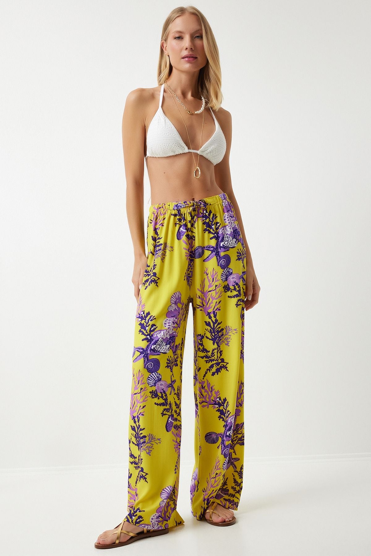Woman Yellow Purple Patterned Viscose Palazzo Pants EN00606
