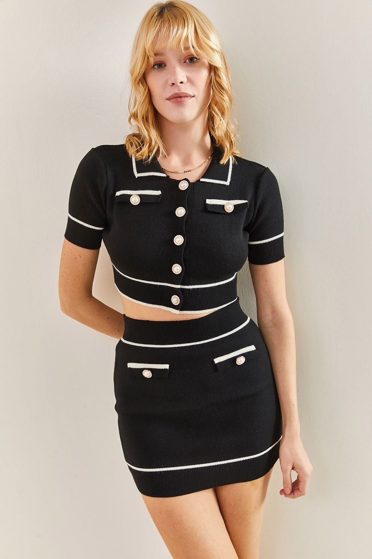 Women's skirt button detailed knitwear upside down set