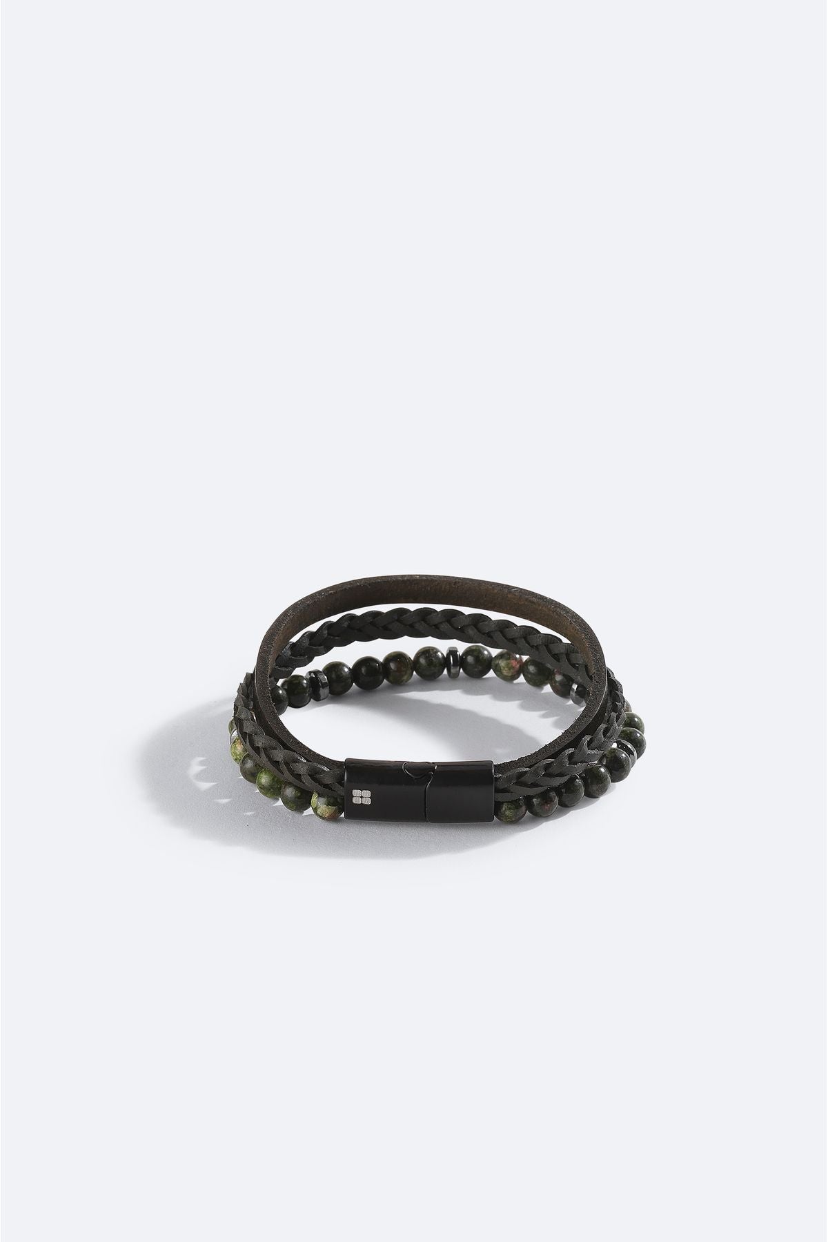 Male Khaki Leather Ceyt and Hematitis Stone Bracelet A42y9614