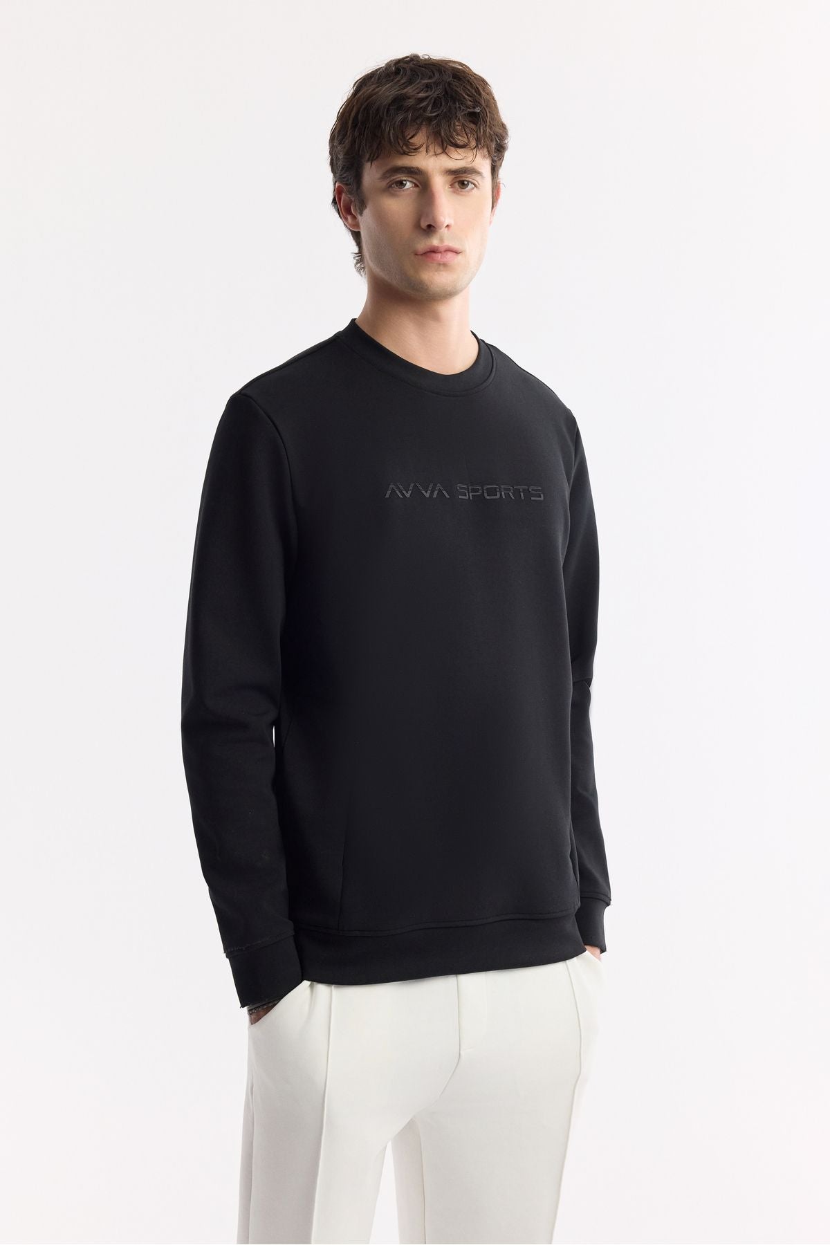 Erkek Siyah Bisiklet Yaka Enjeksiyon Baskılı Gizli Fermuarlı İnterlok Sweatshirt A51Y1208