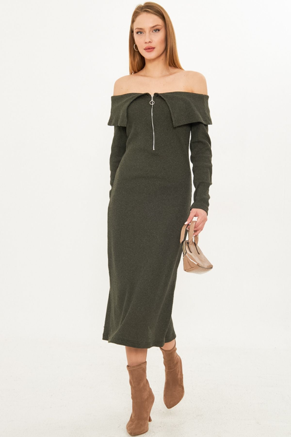 Woman Khaki low shoulder front zipper slit midi triko dress ARM-25K001089
