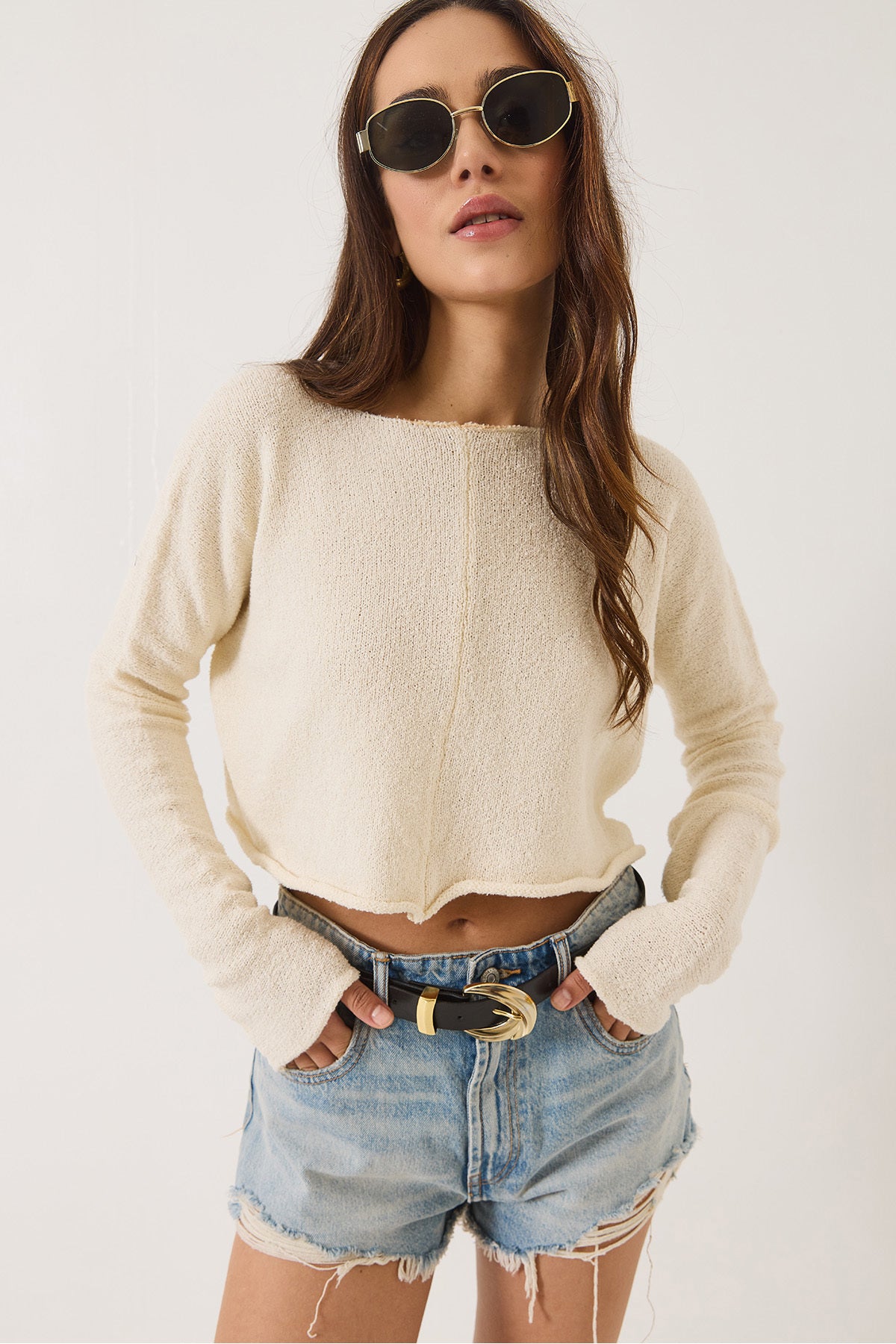 Women's Boat Neck Long Sleeve Basic Crop Blouse 241115 60261398