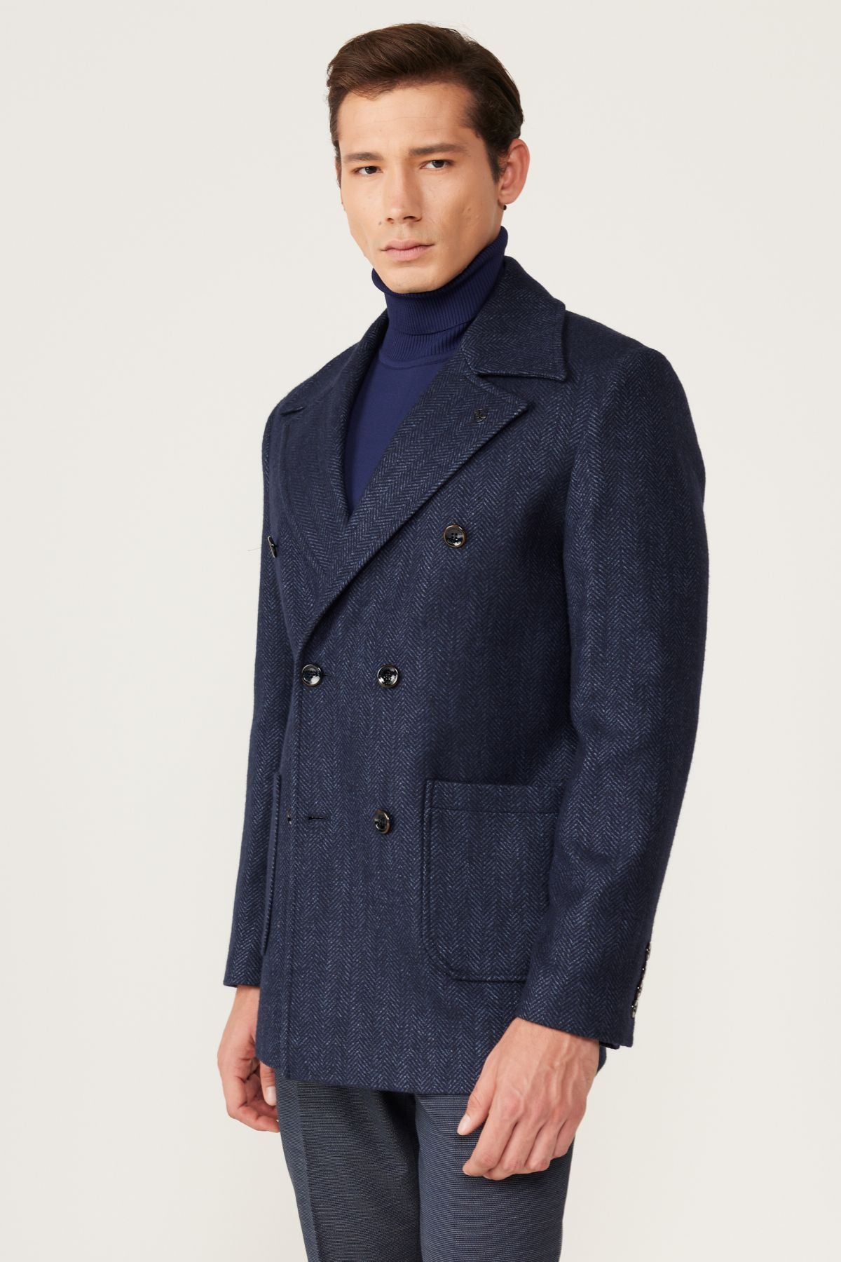 Men's navy blue standard fit normal cutting mono collar patterned coat