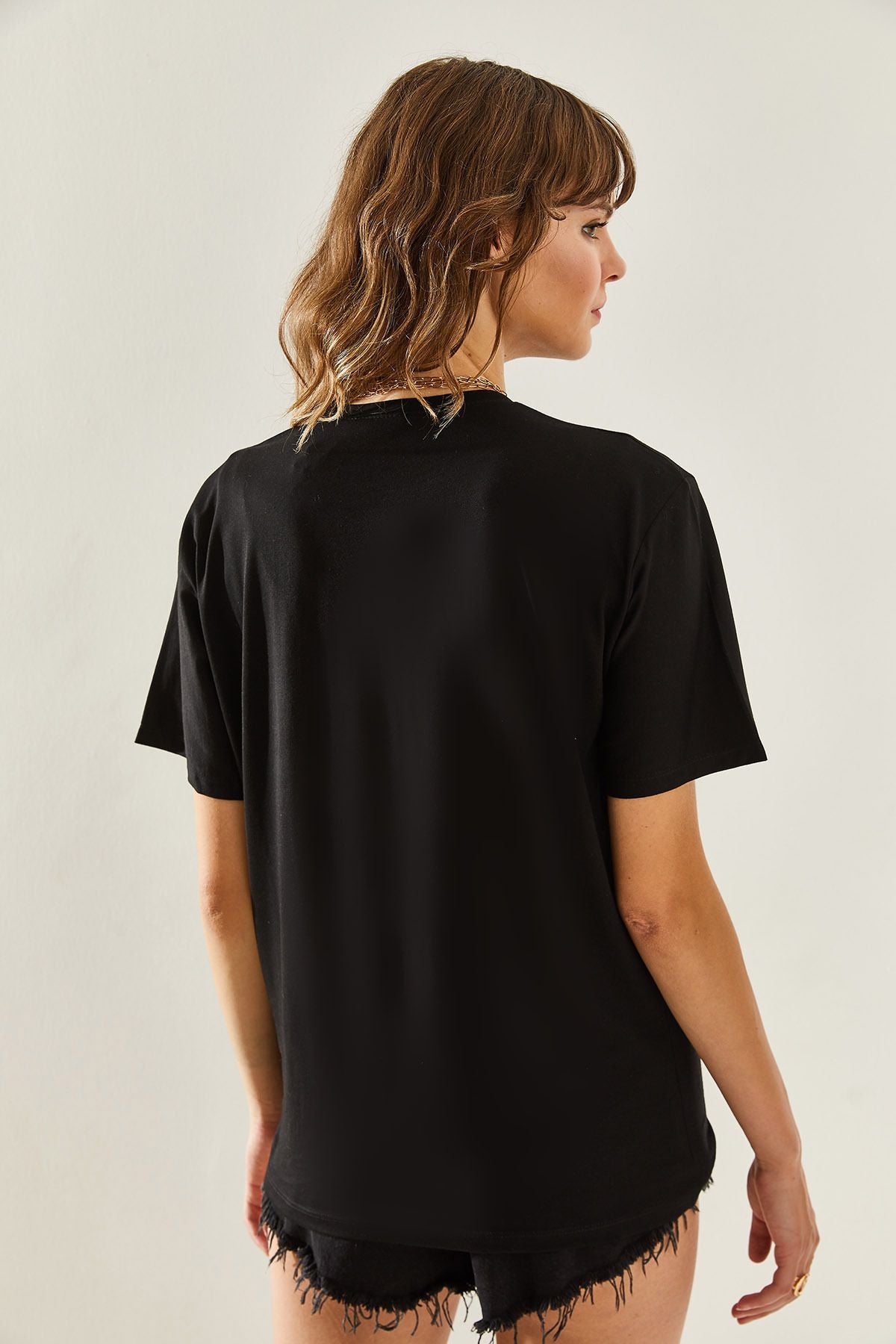 Female Bicycle Collar Stone Detail Basic Combed T-Shirt 60251238