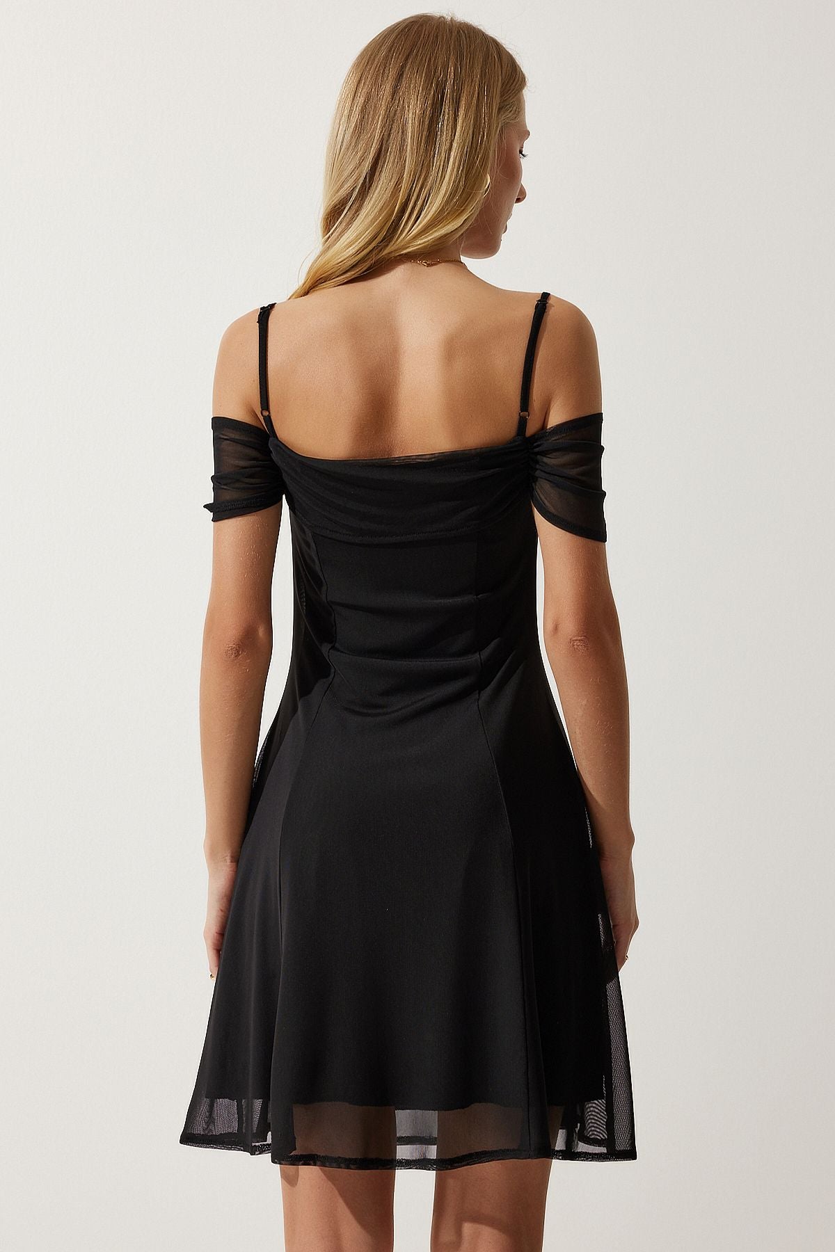 Female Black Hanger Degage Collar Chiffon Dress UB00265