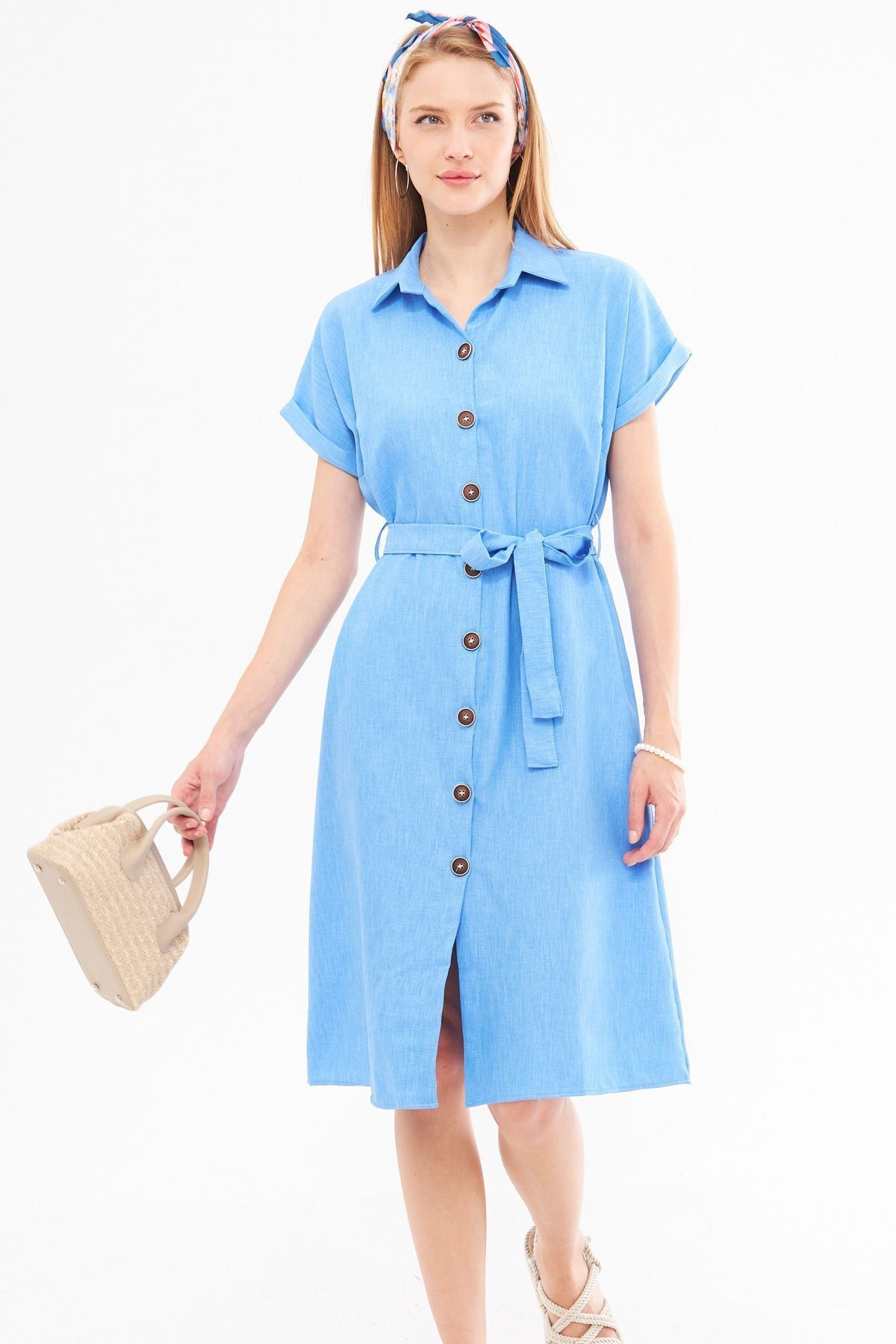 Woman Light Blue Linen Looking Waist Belt Short Sleeve Shirt Dress ARM-24Y001084