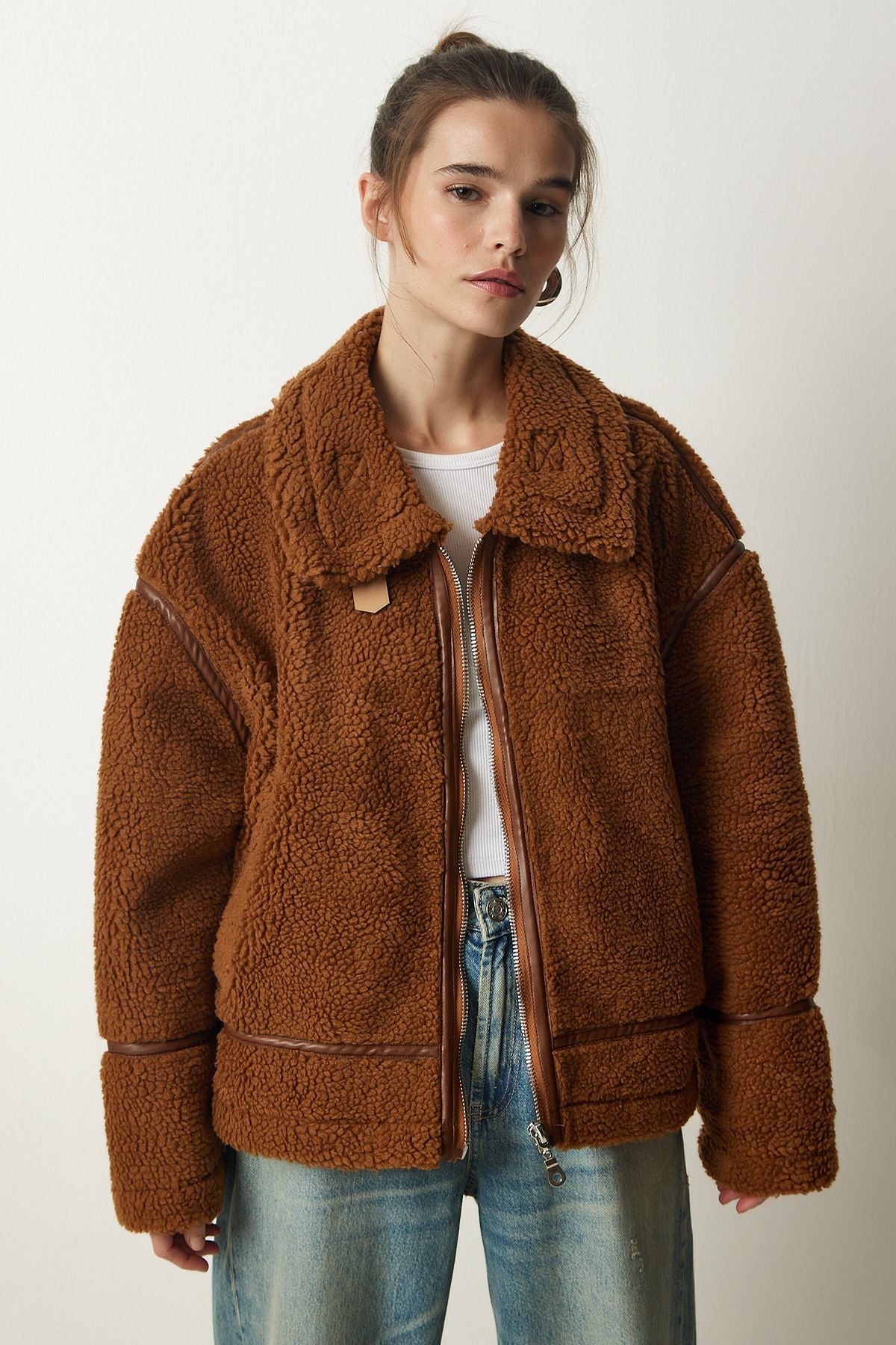 Female Brown Artificial Fur Biker Jacket FN03153