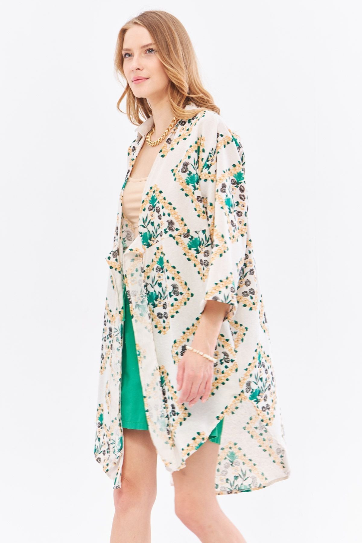 Female Dark Green Linen-Looking Patterned Patterned Midi Boy Kimono Shirt ARM-24Y001096