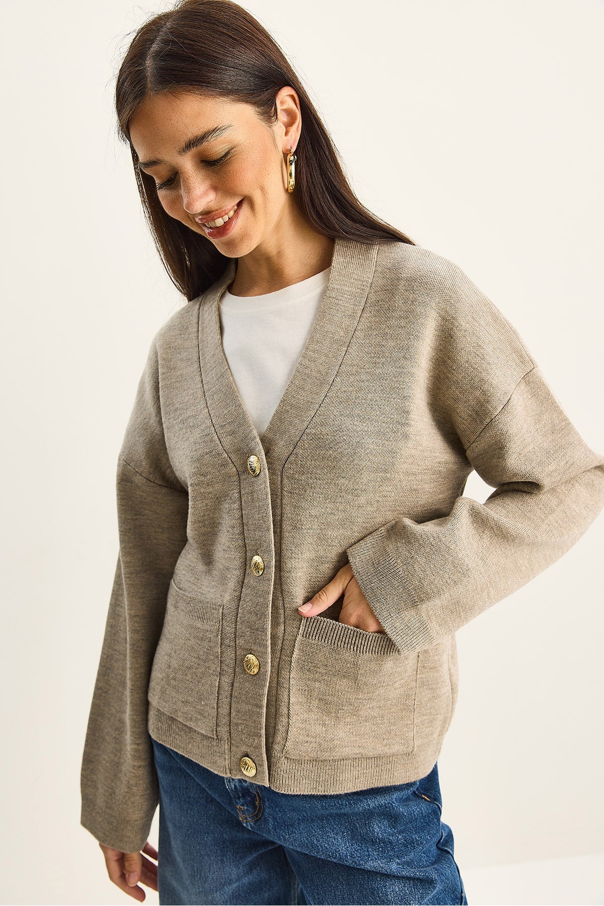Women's Buttoned Pocket Detailed V-Neck Long Sleeve Knitwear Cardigan TH251059 60283799