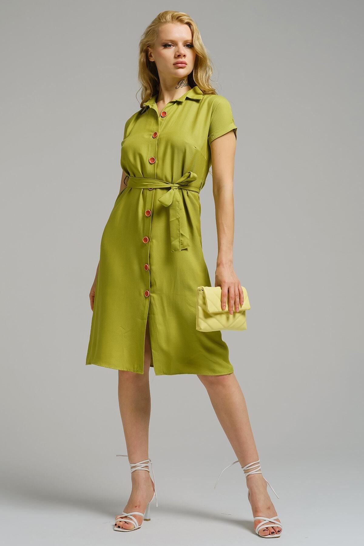 Women's Oil Green Waist Belt Short Sleeve Shirt Dress ARM-19Y001068