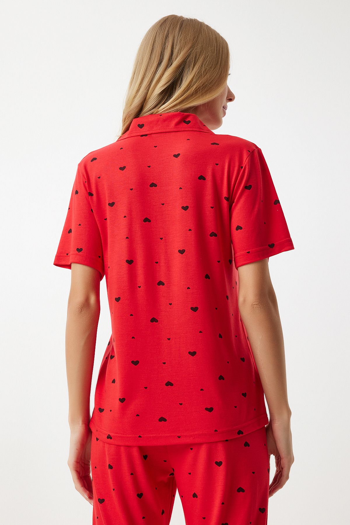 Female red -hearted shirt pants pajama set EC00036