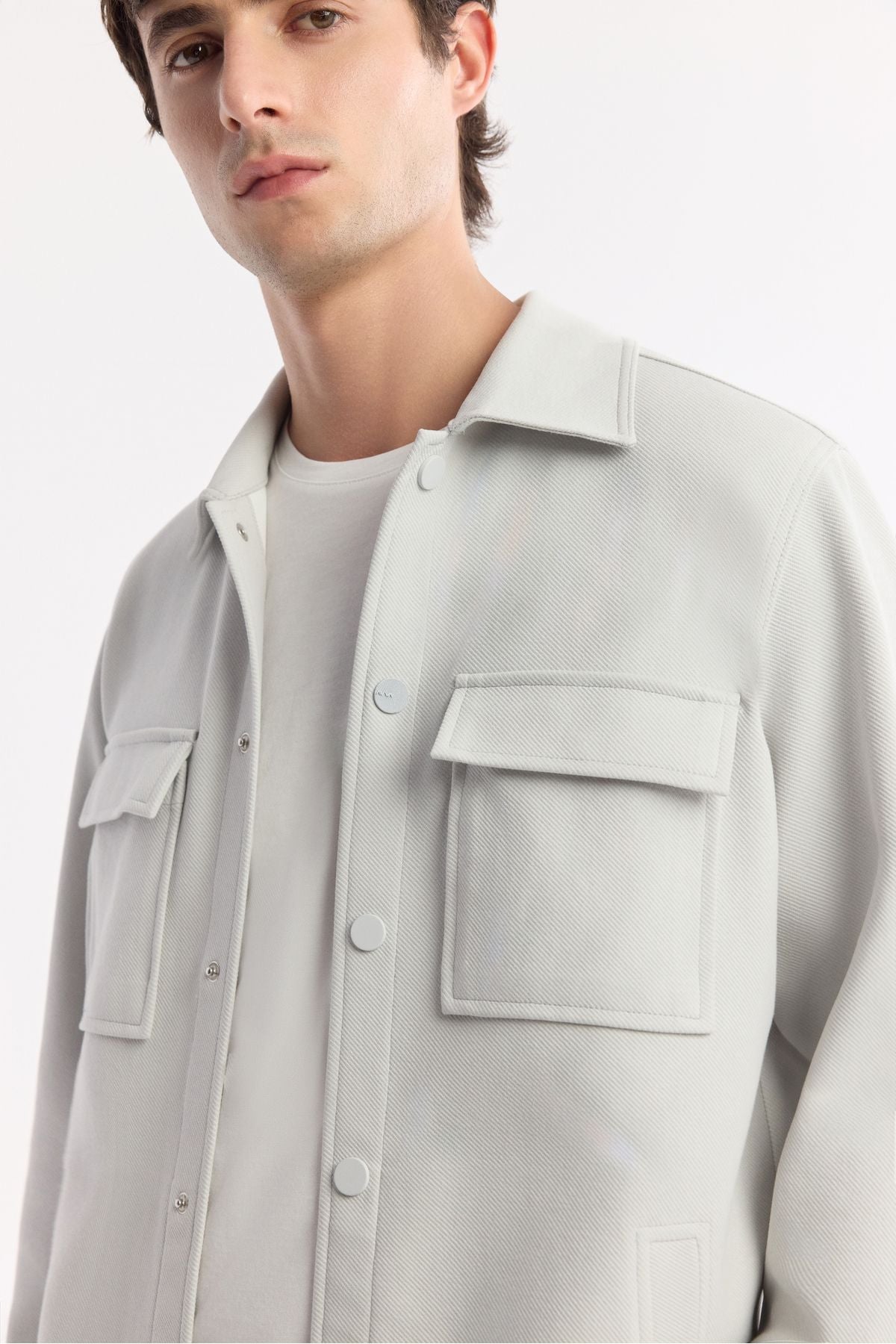 Men's light gray classic collar diagonel dual pocket lid knitted shirt jacket A51y2048