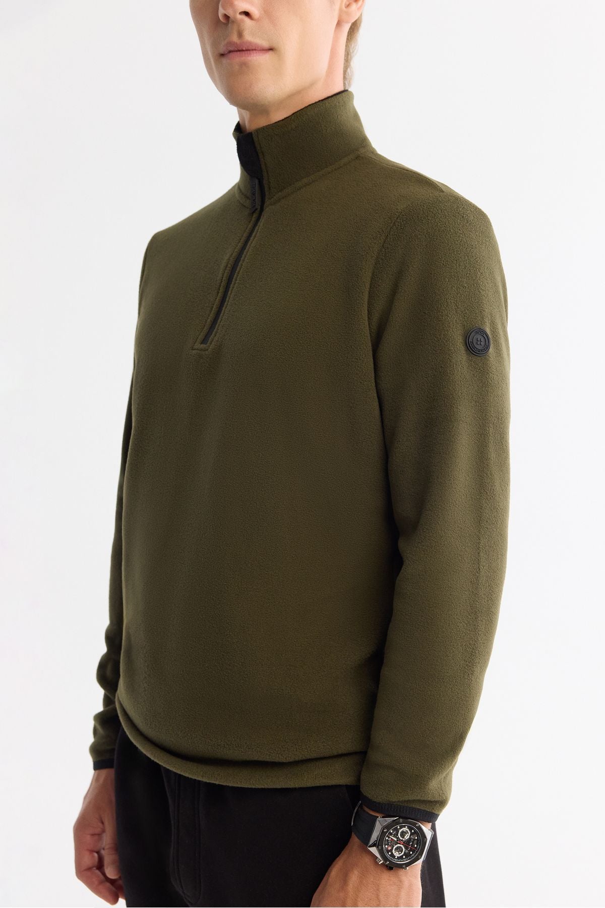 Men's green cold resistant half -zipper vertical polar sweatshirt E001068