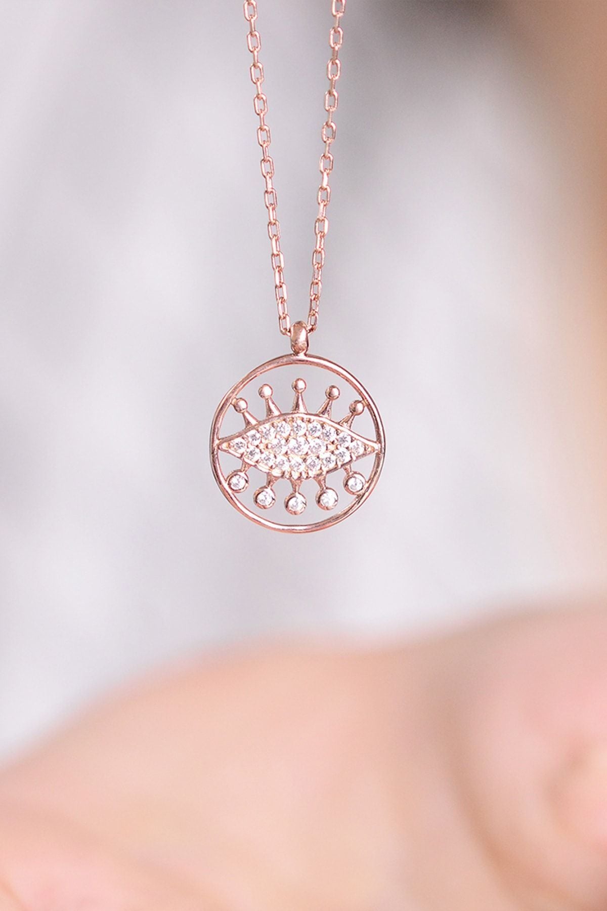 Eye with evil eye 14 k rose gold -plated women's necklace