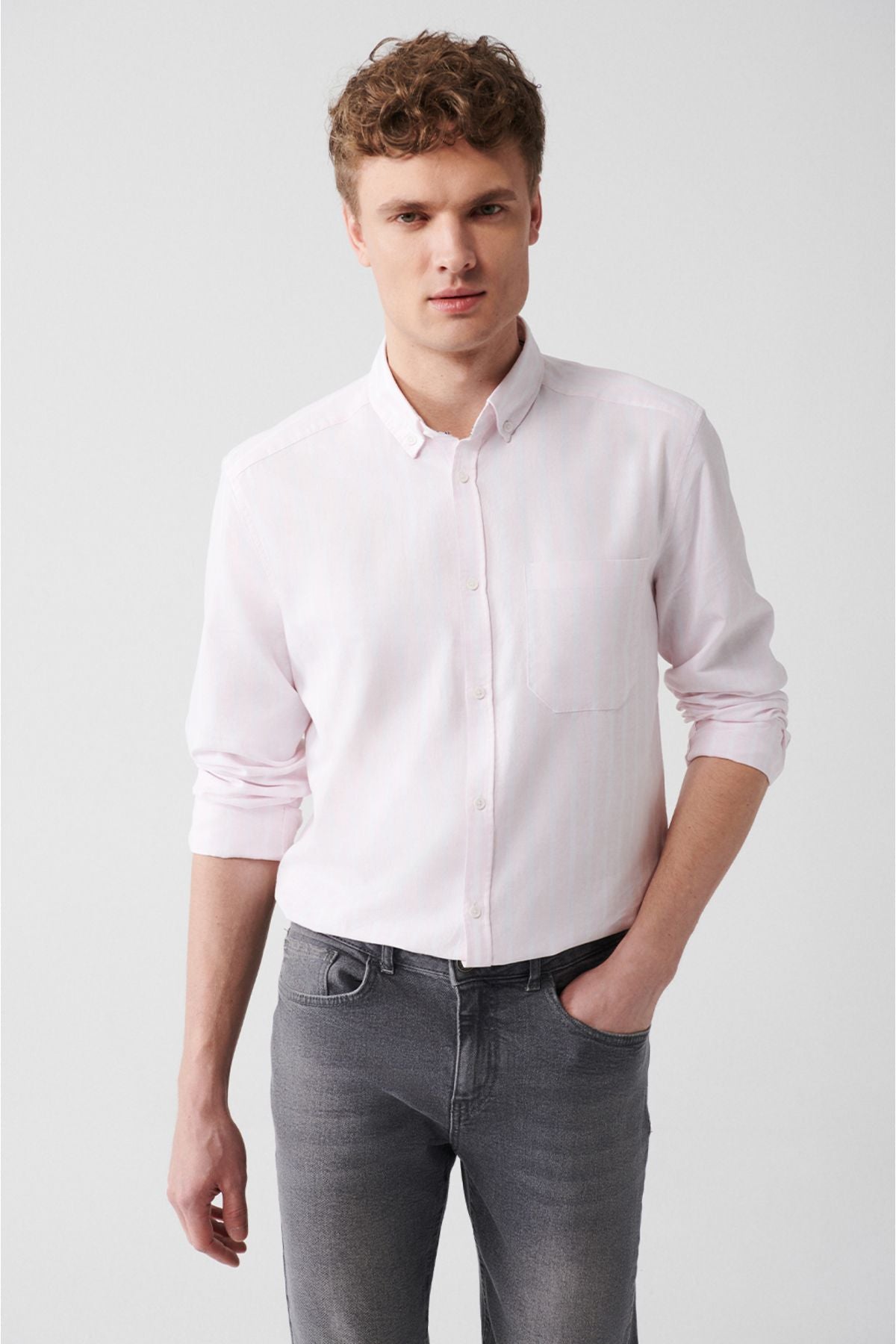 Men's light pink 100 %cotton oxford striped shirt A31y2055