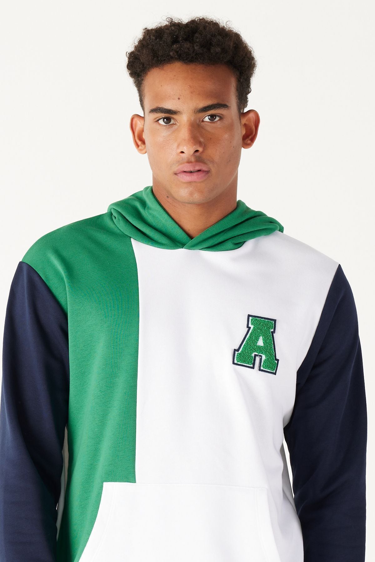 Men's white-green standard fit Normal cutting hooded cotton striped sweatshirt