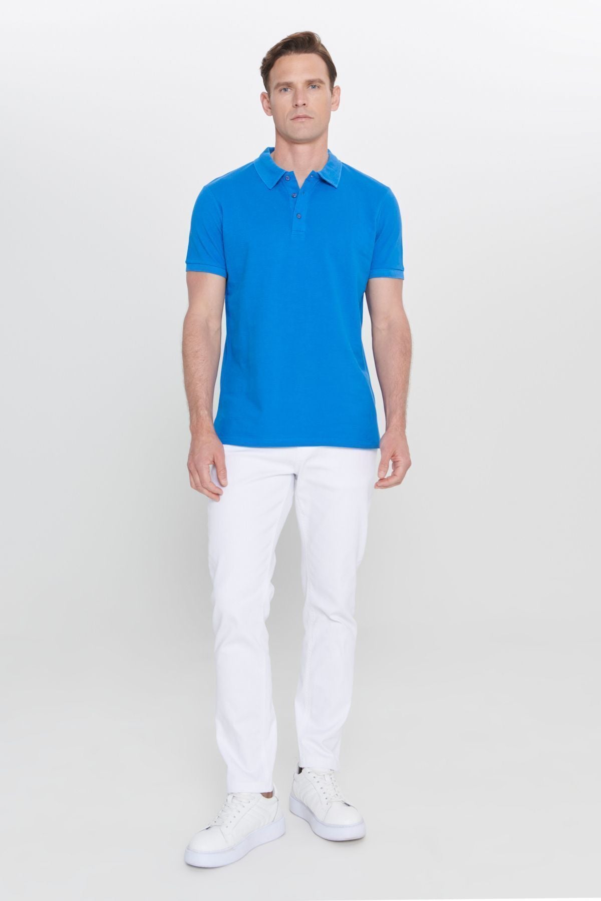 Male Royal Blue 100 %Cotton Curiated Pike Polo Slim Slim Fit Narrow Cut T -shirt