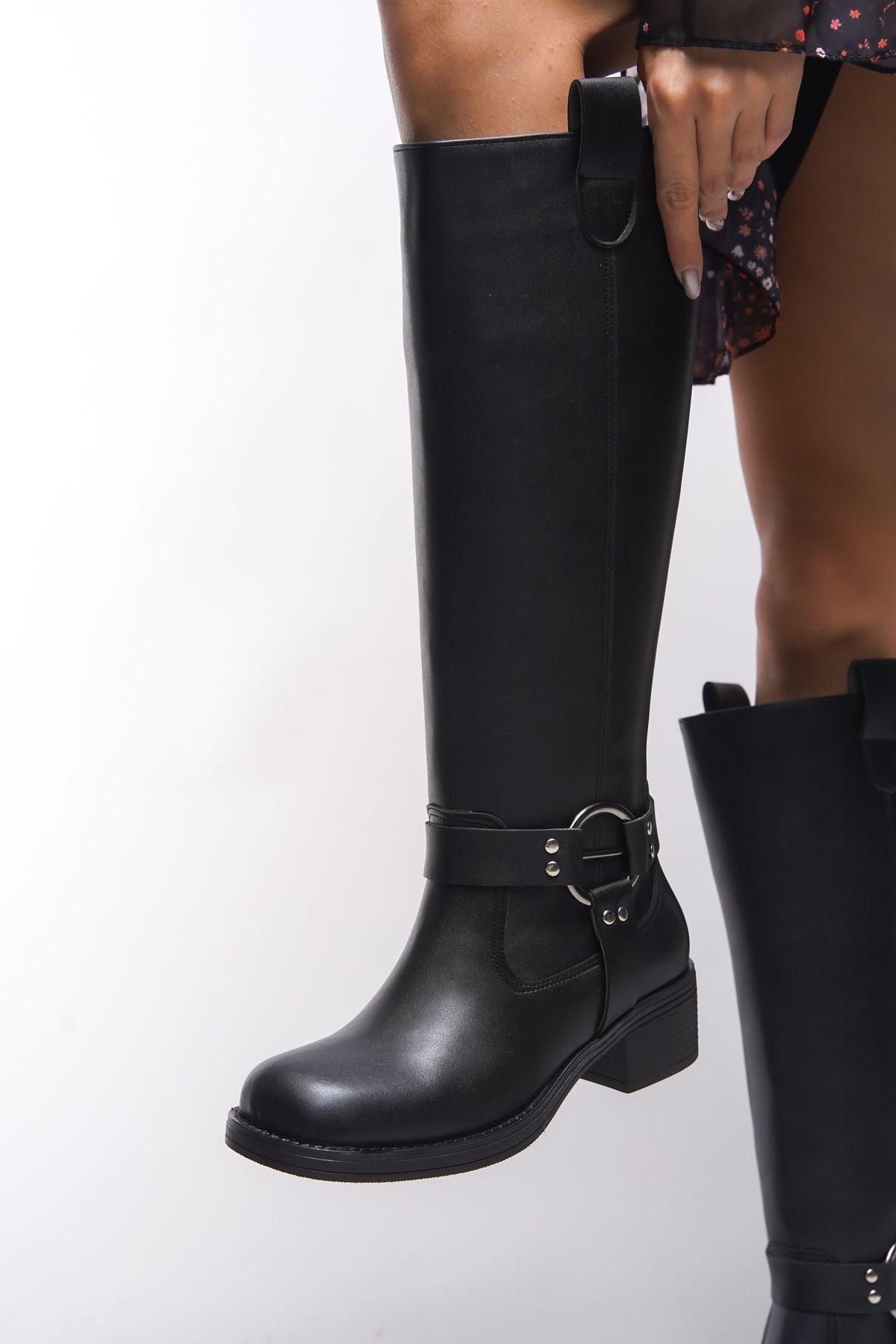 Thefrila women knee biker boot 00123024 black skin