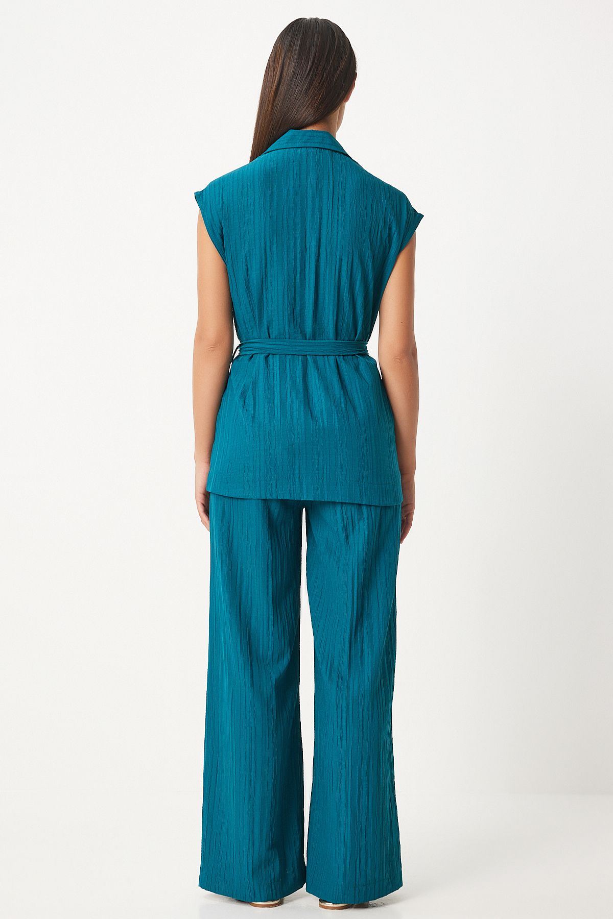 Women's oil green belt vest Palazzo knitting set By00055