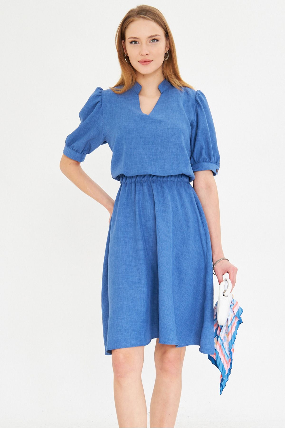 Woman Dark Blue V-Yaka Waist Waist Tire Short Sleeve Clash Dress ARM-25Y001001