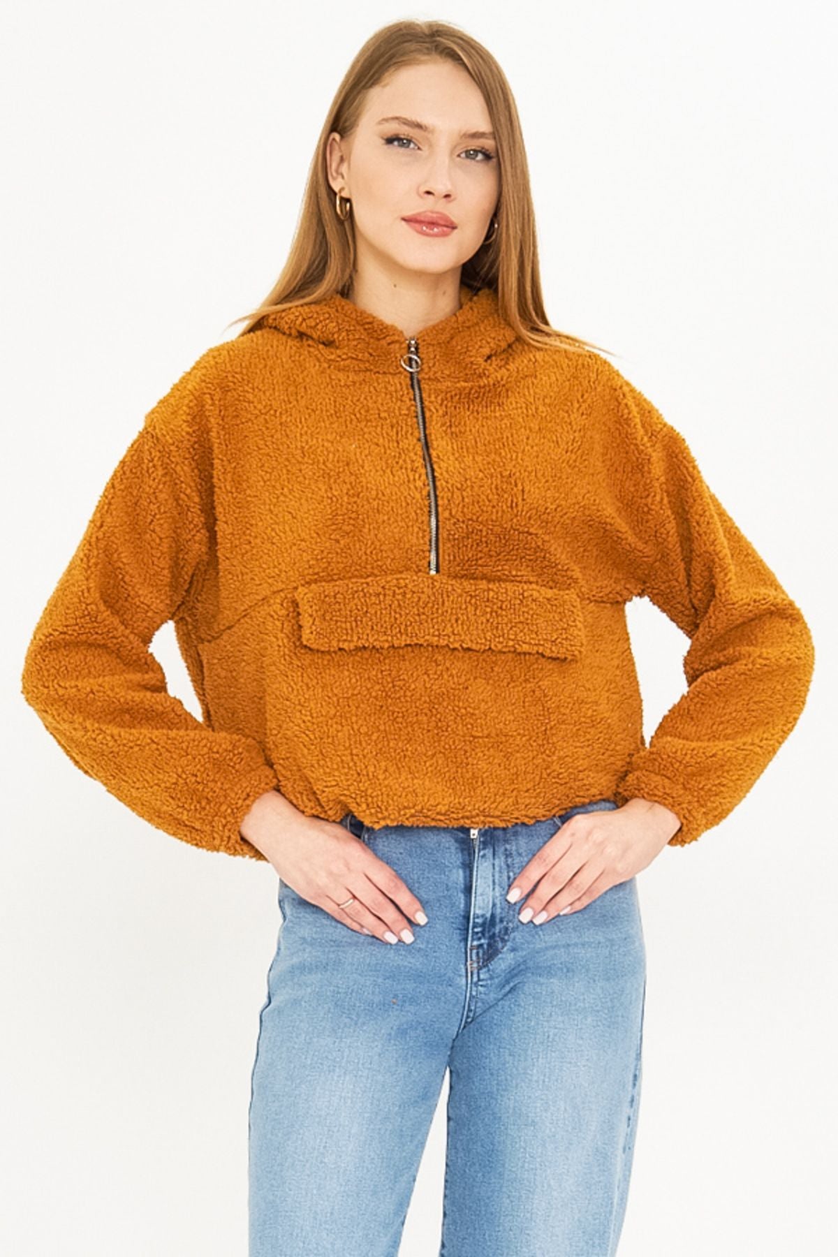 WOMEN CAMEL HOCONED POST PLUSH SWEATSHİRT ARM-25K001090