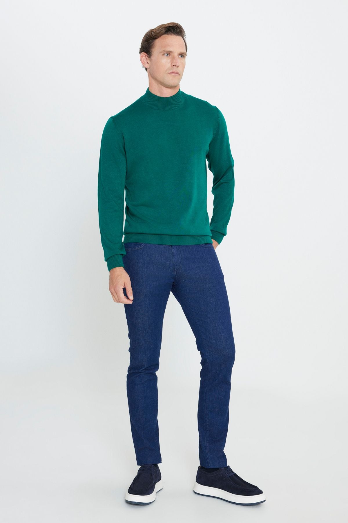 Men's dark green hair growth standard fit normal cut half fisherman collar knitwear sweater