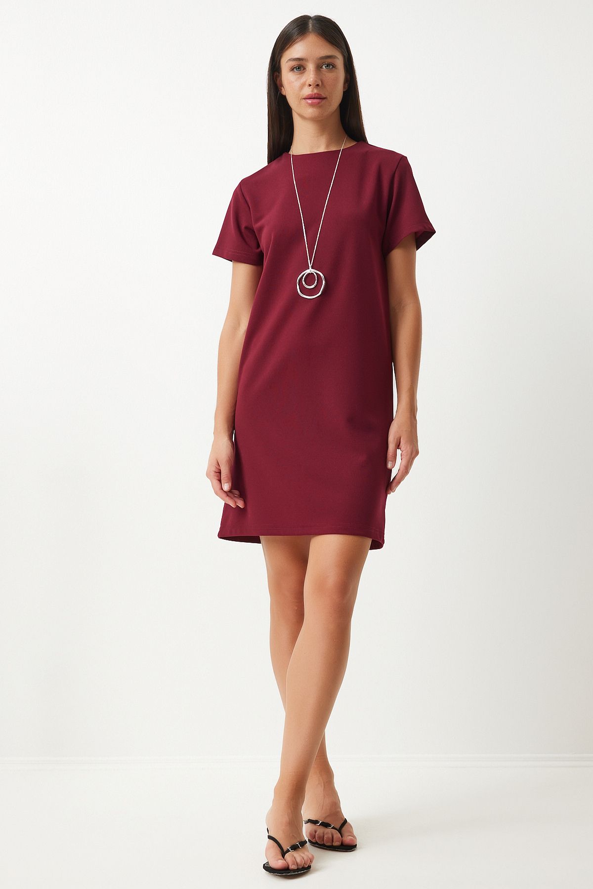 Female Bordeaux Bicycle Neck Basic Crepe Dress to00136