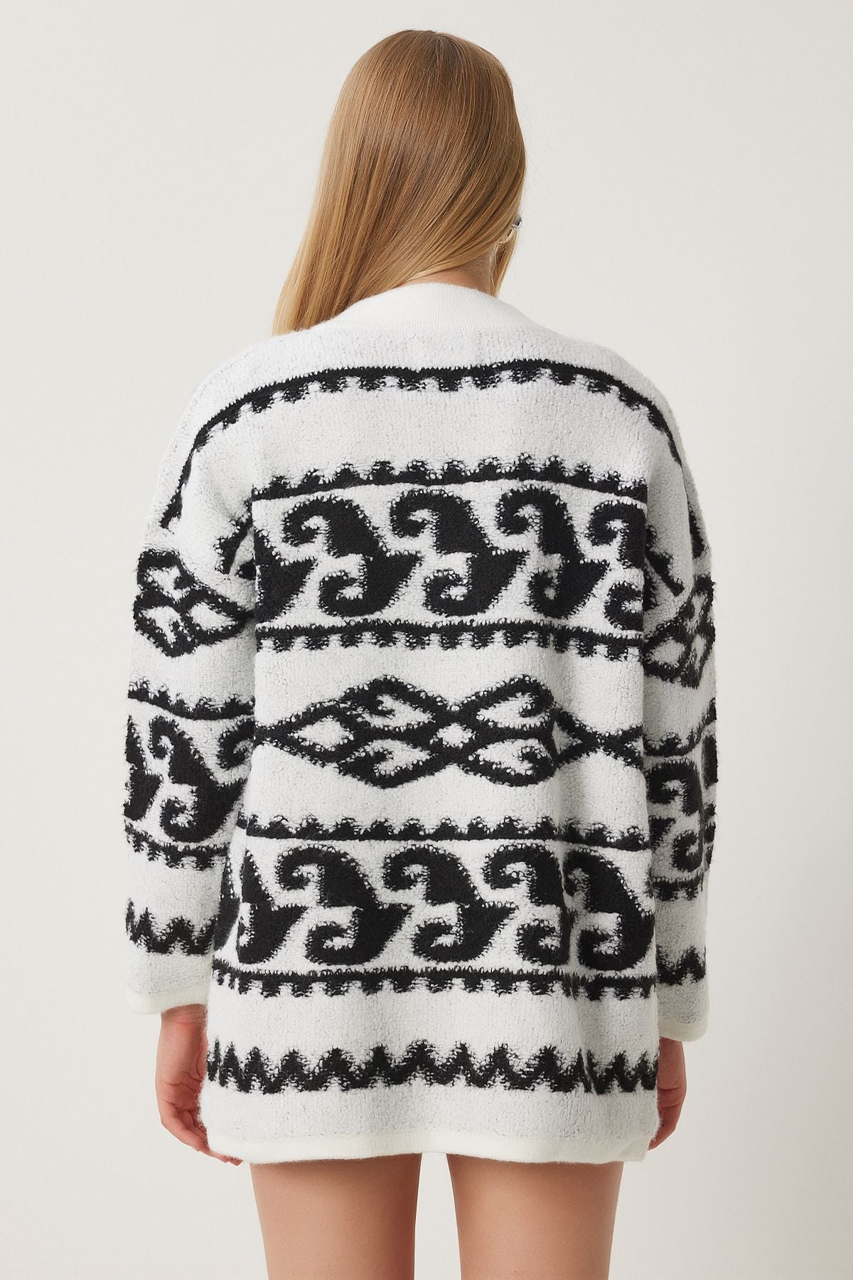 Women's Bone Black Patterned Cardigan Jacket US00938