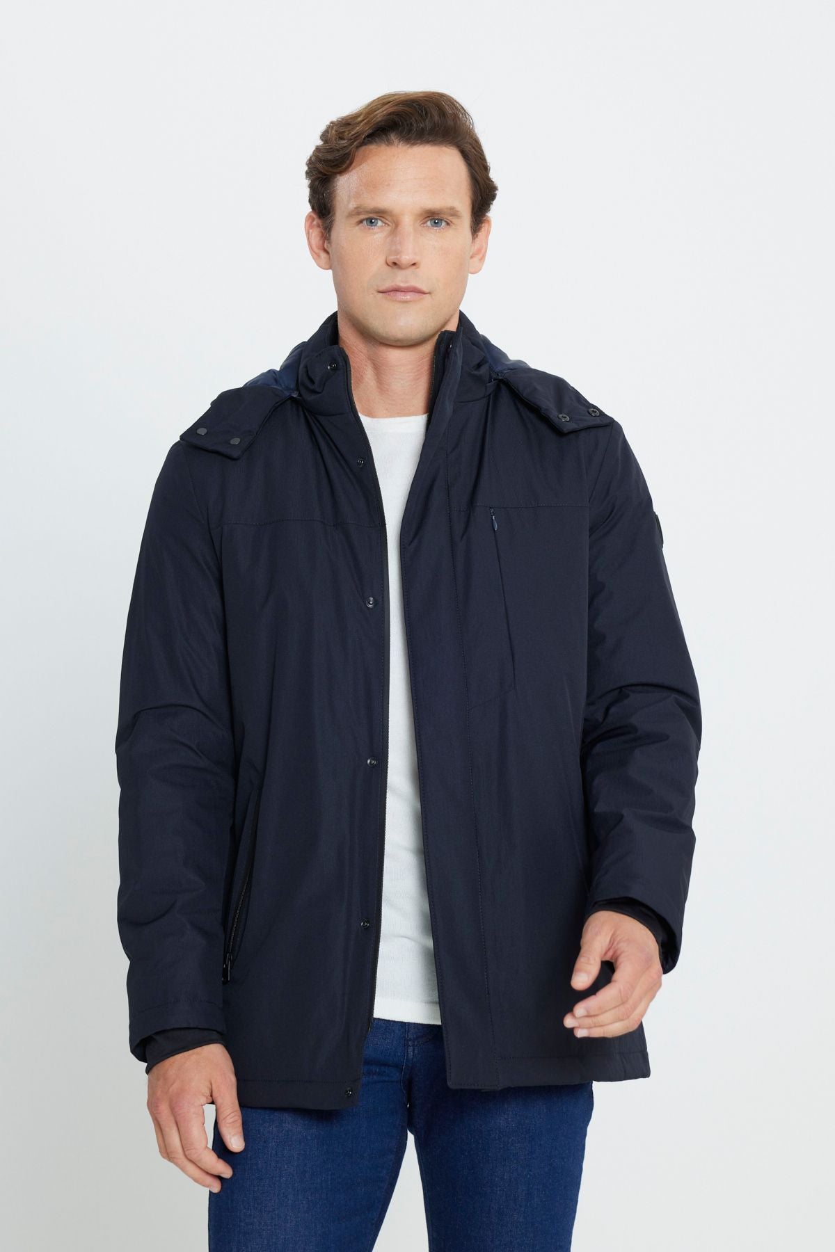 Men's Navy Blue Standard Fit Normal Cutting Hooded Coat