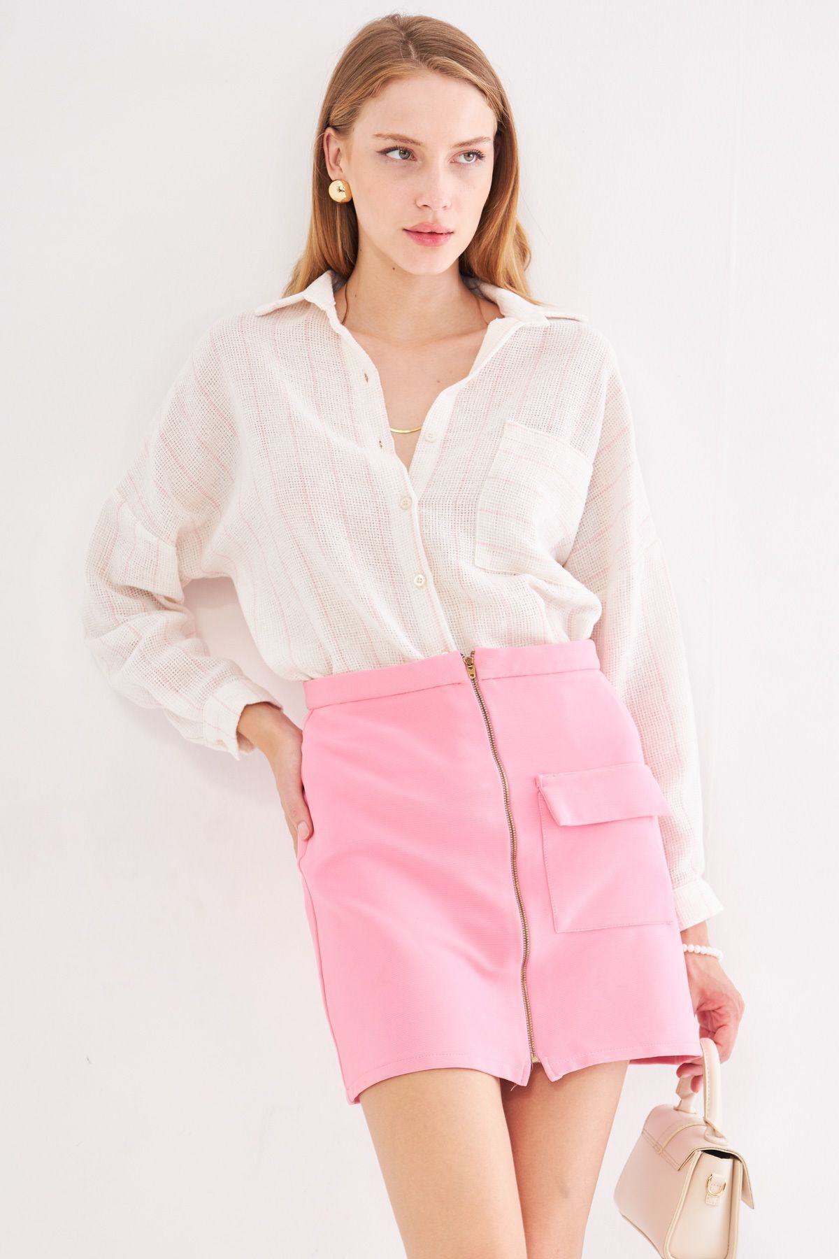 Female Powder Pink Long Sleeve Pocket Detailed Rigge Pleated Striped Oversize Shirt ARM-24Y001053