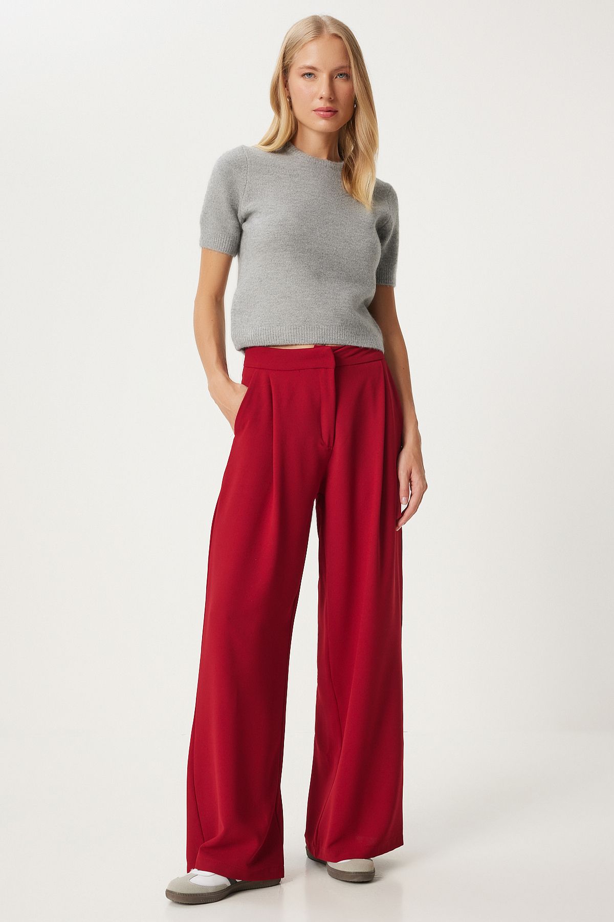 Woman Red Pleated Weaving Palazzo Pants UL00038