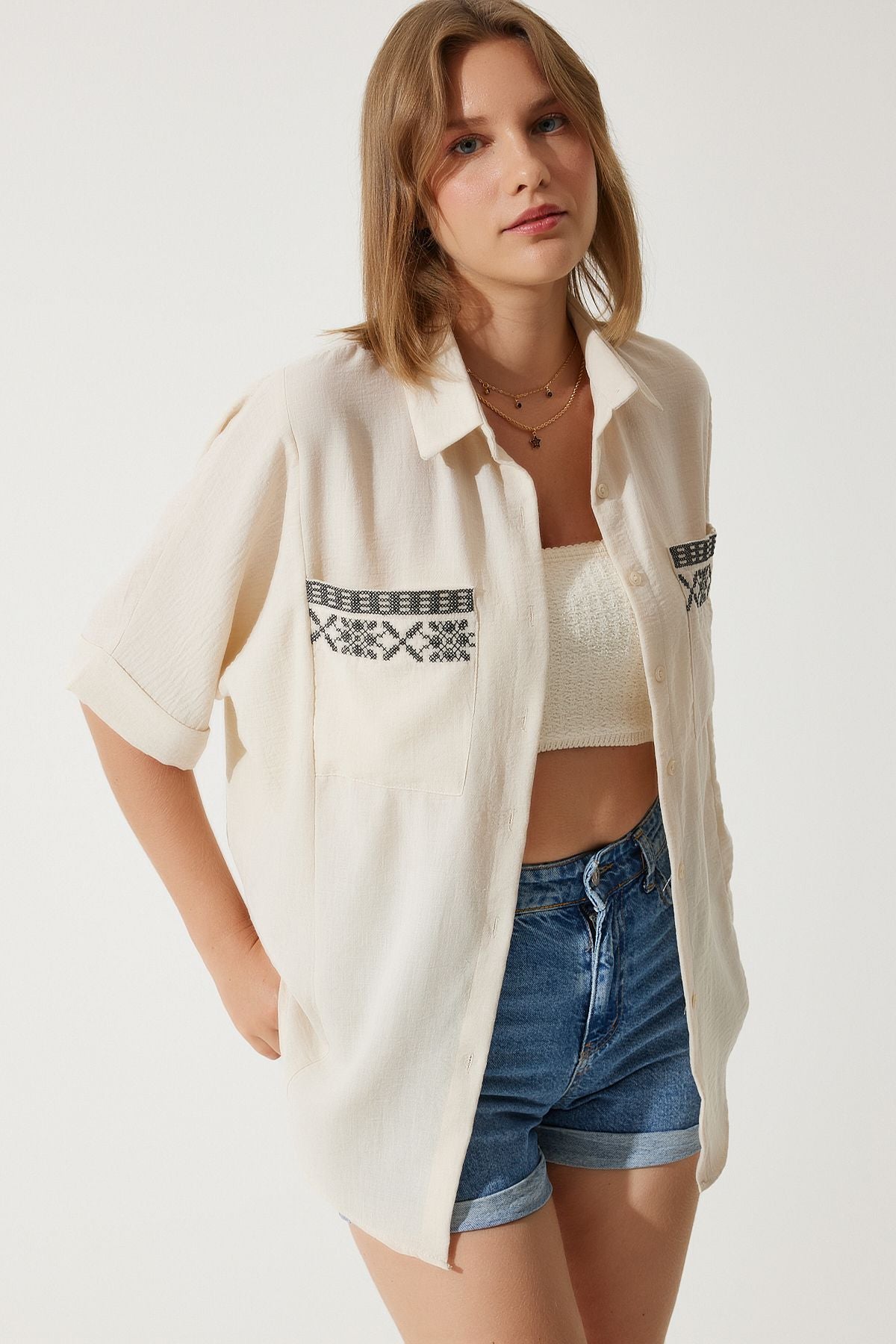 Women's Cream Embroidery Pocket Oversizle Linen Ayrrin Shirt RG00031