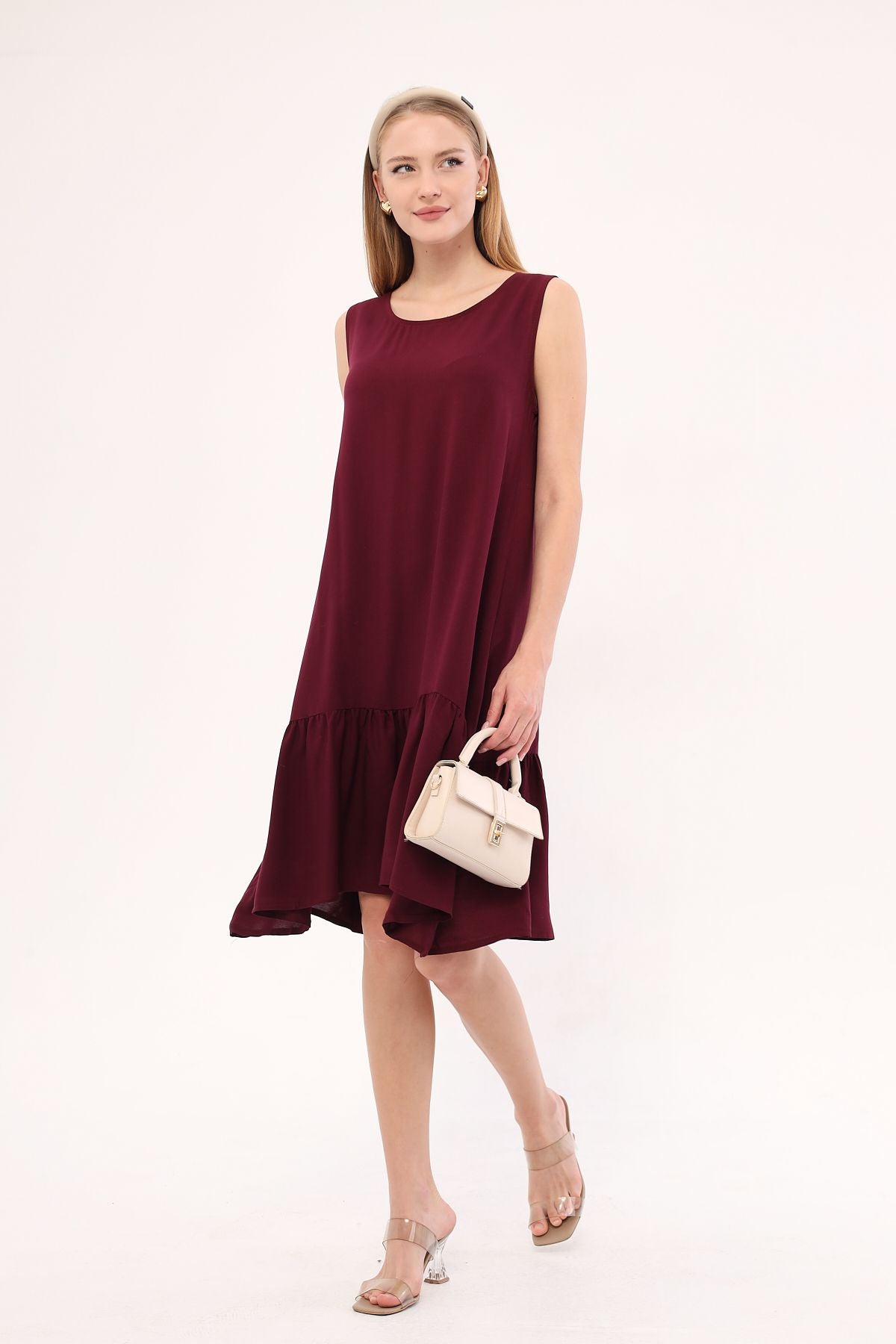 Woman Dark Bordeaux Sleeveless Skirt Ruffle Dress Arm-18y001156