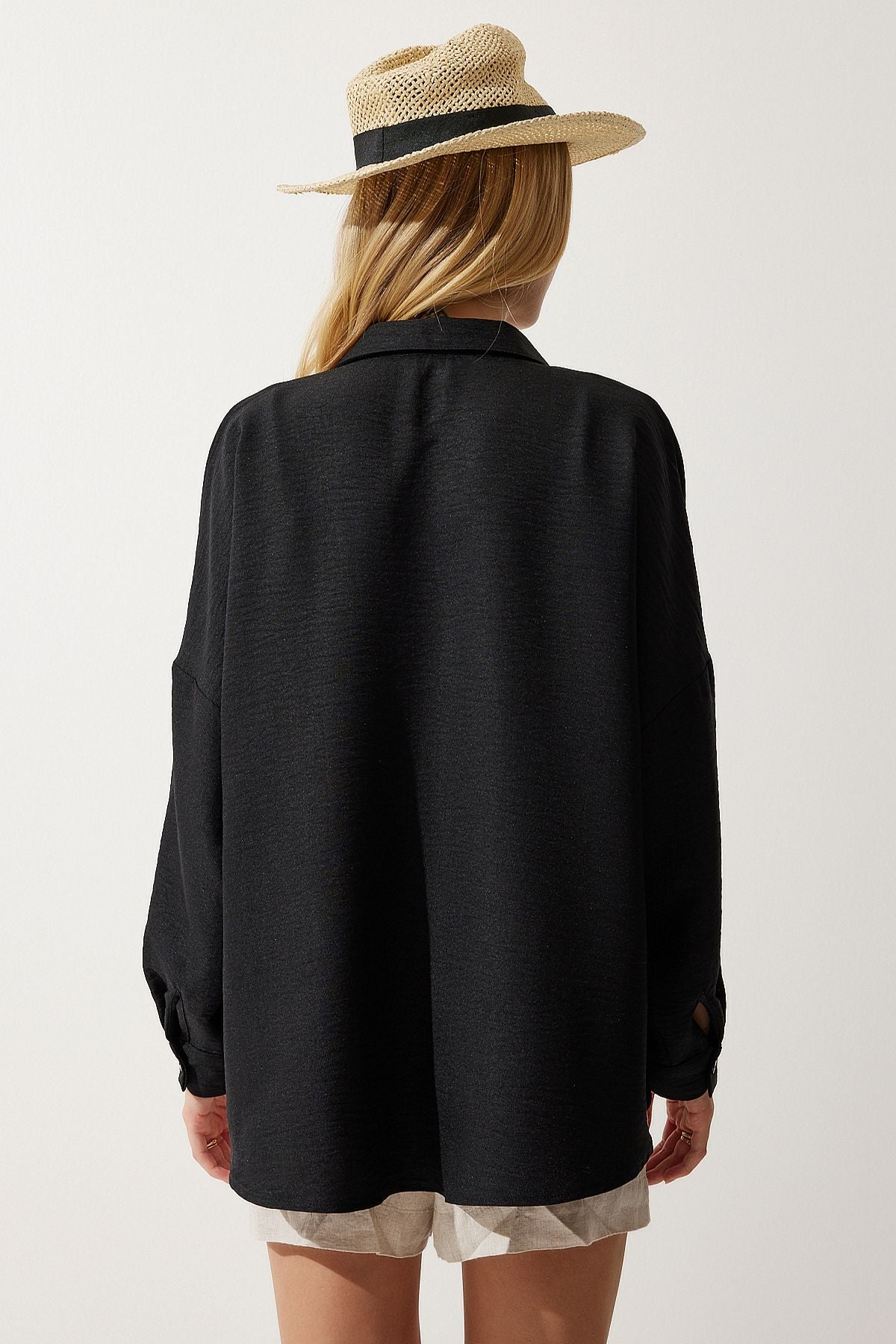 Female black lace detailed linen shirt tp00018