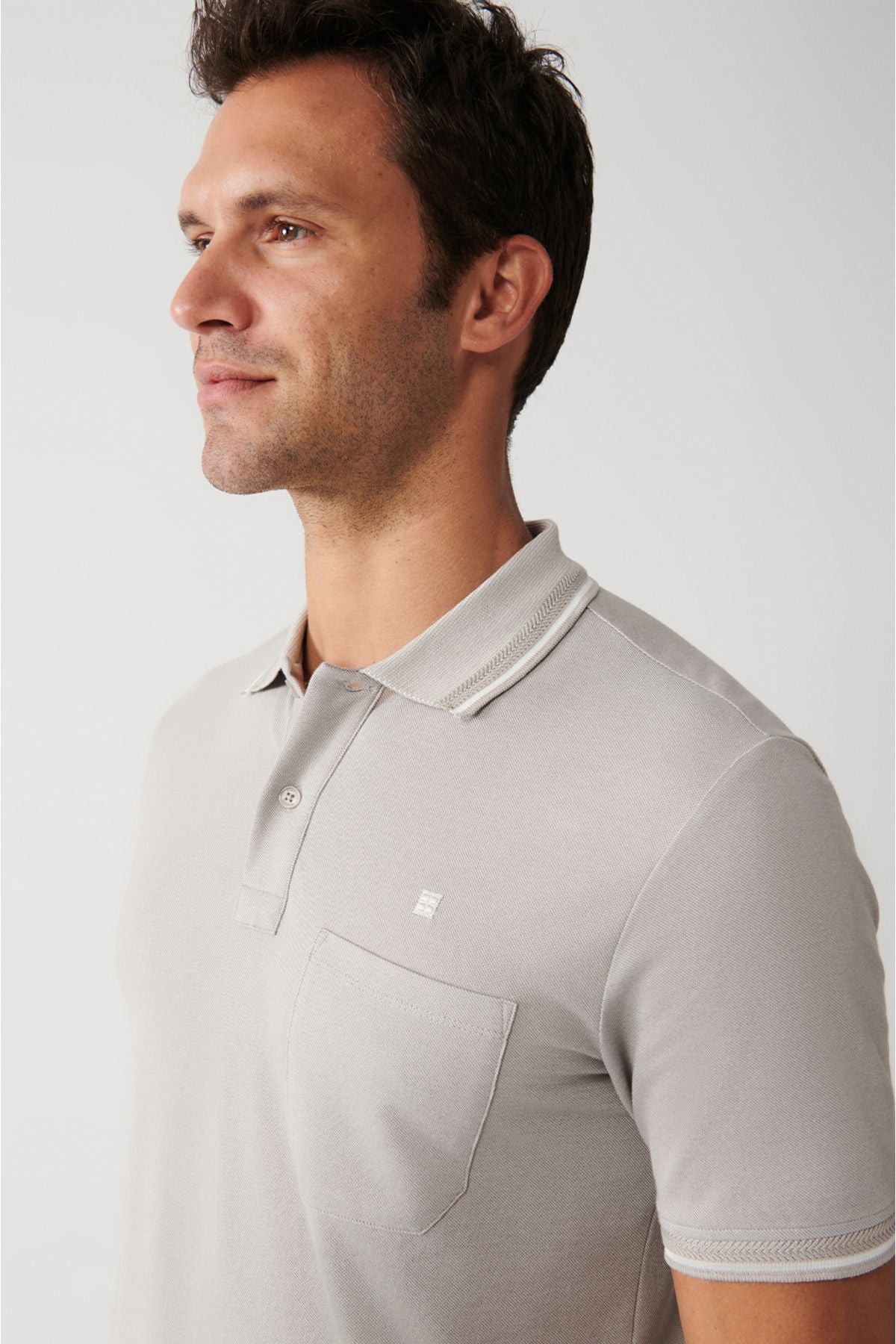 Men's Gray Curlled Neck Pocket 2 Button Polo Yaka T-shirt E001031