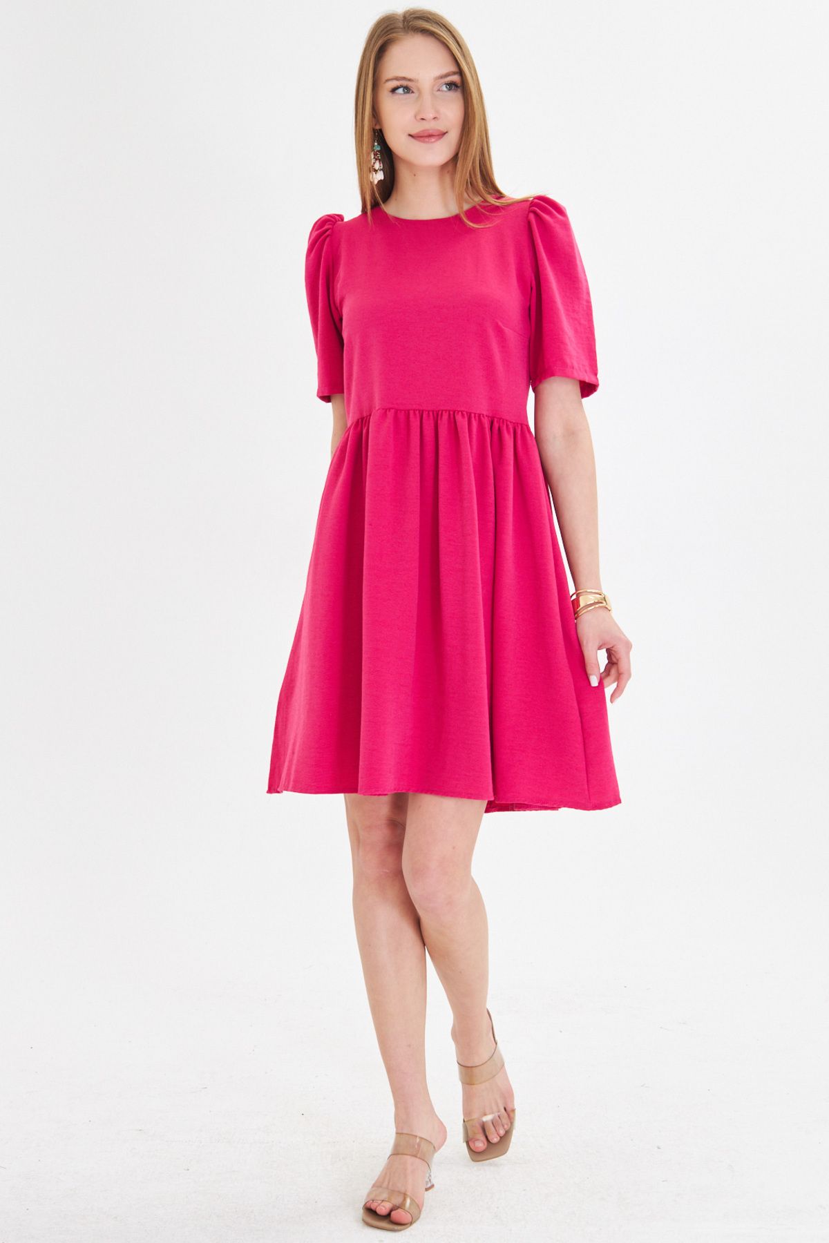 Fuchsia Fuchsia Zero Back Back Zipper Watermelon Arm Waist Shirred Dress ARM-25Y001009