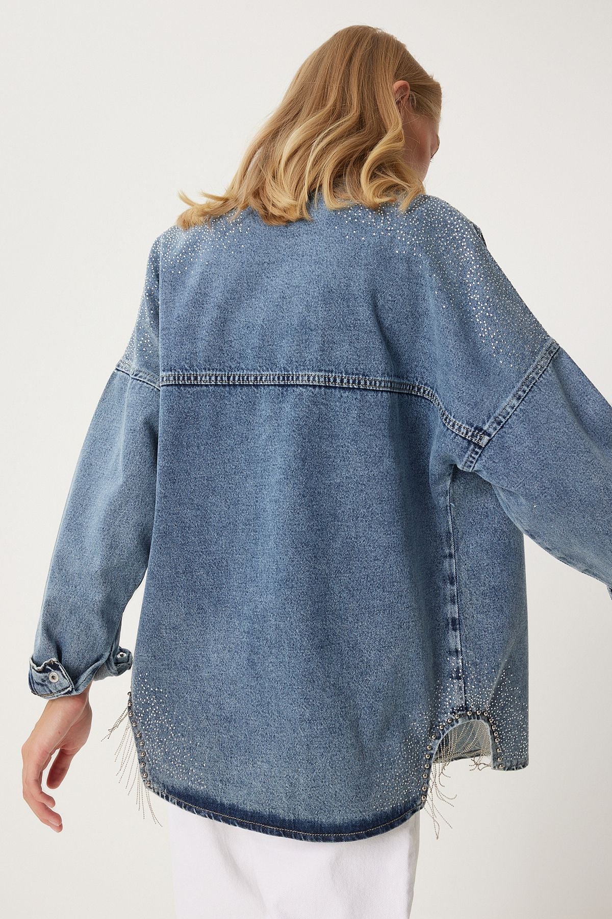 Woman Light Blue Chain Detailed Oversize denim jacket es00169