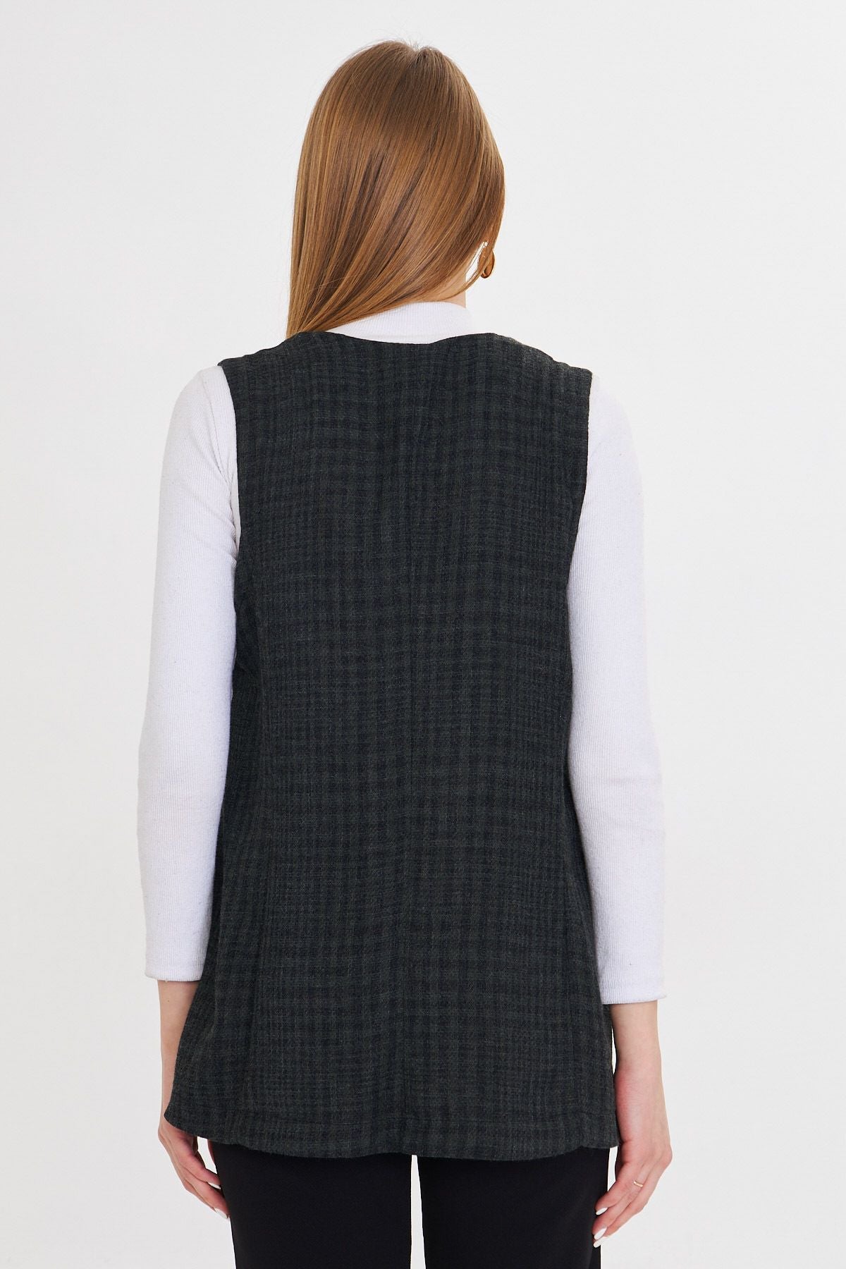 Woman Khaki V-Yaka Single button Oversize Patterned Vest ARM-25K001110