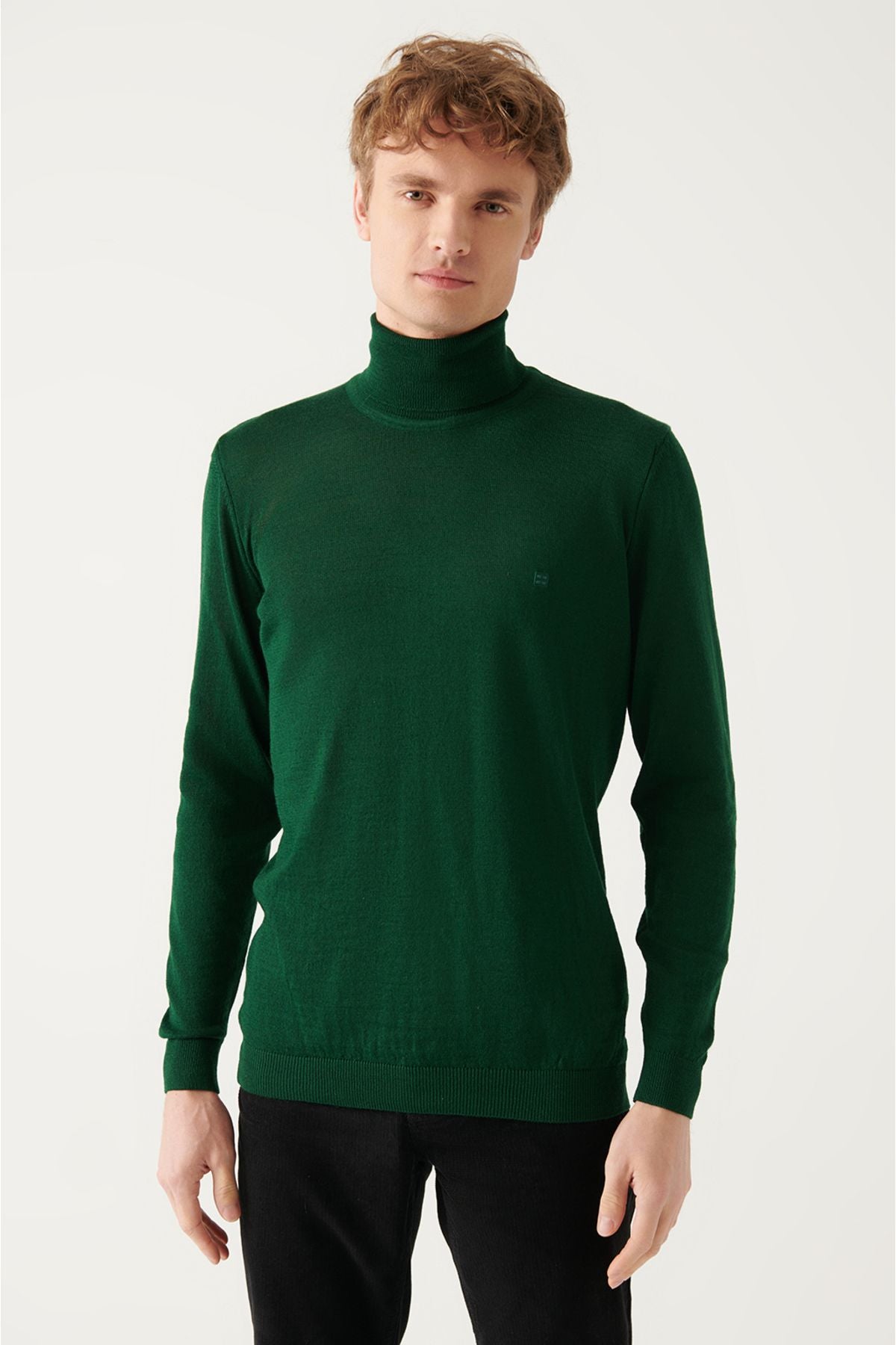 Men's green full fisherman collar wool mixed knitwear sweater E005014