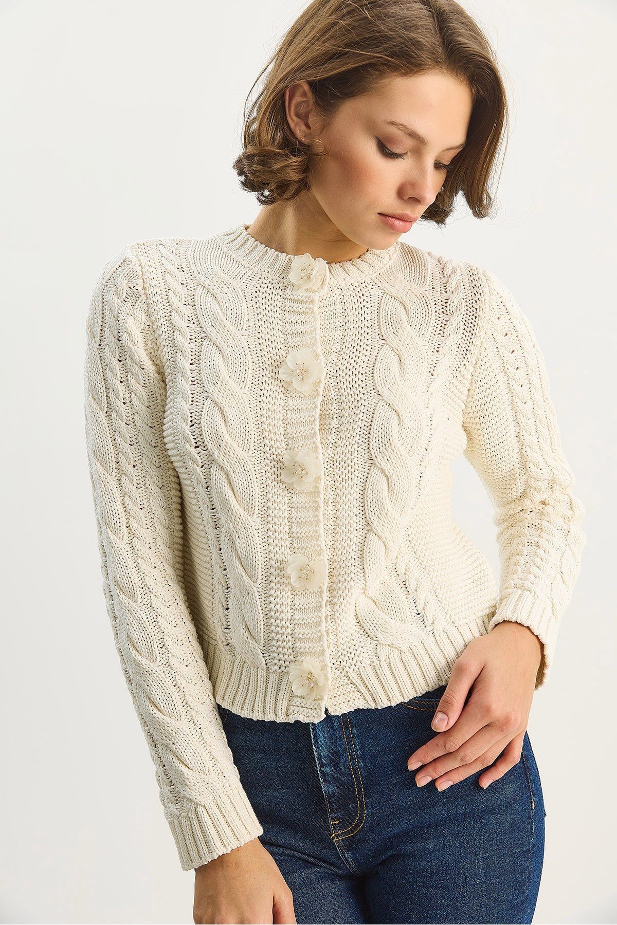 Women's Crew Neck Hair Knitted Flower Button Accessory Knitwear Cardigan 4986 60283706