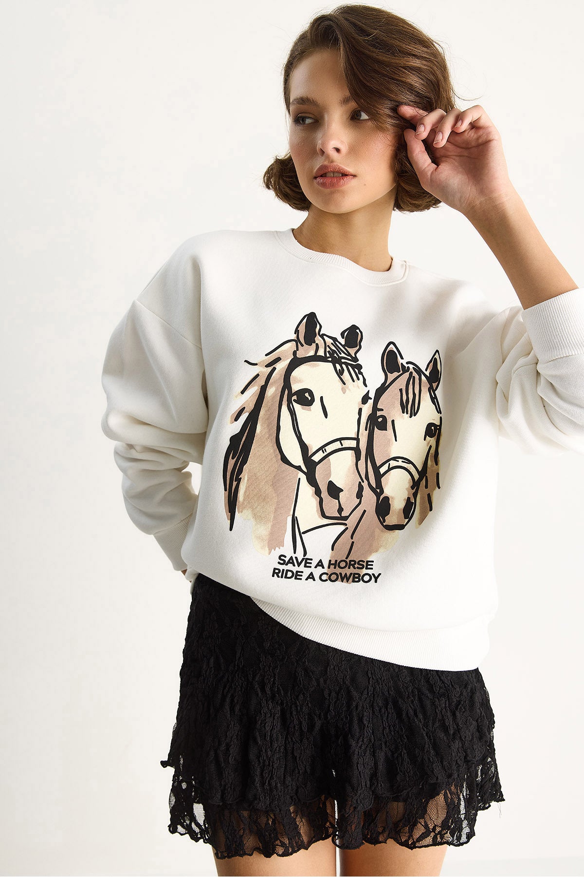 Women's Crew Neck Digital Cowboy Printed Loose Sweatshirt 6896 60283521